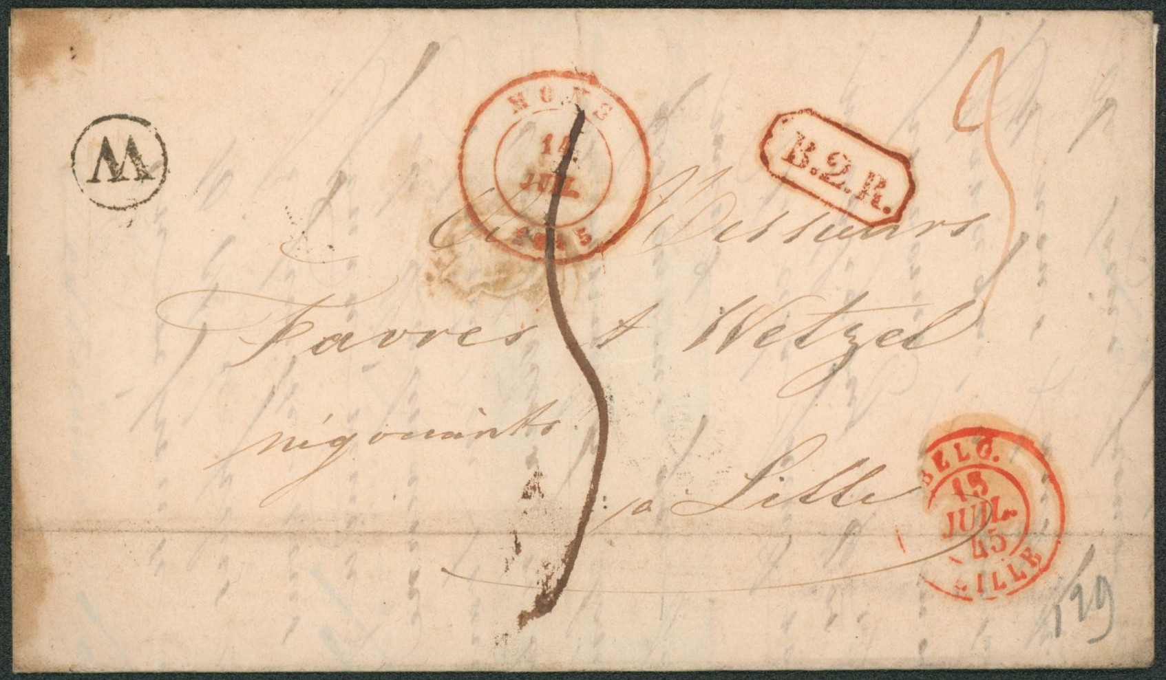 LAC cachet dateur "Mons" (1845) + boite rurale "W" (Jemappe) > négociant à Lille.