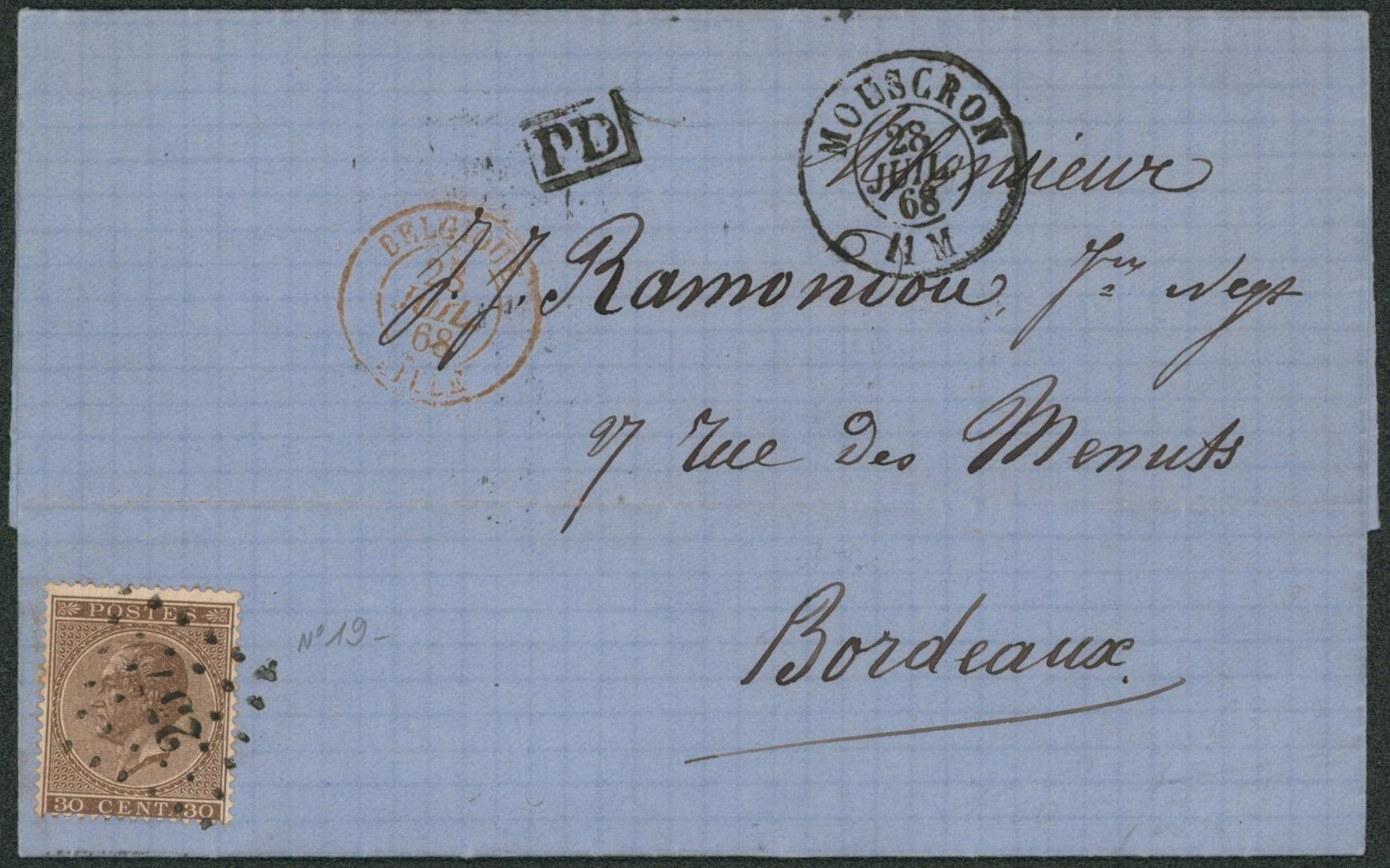 n°19 sur LAC + étiquette de fermeture (exportation) obl Pt 257 çàd Mouscron > Bordeaux.