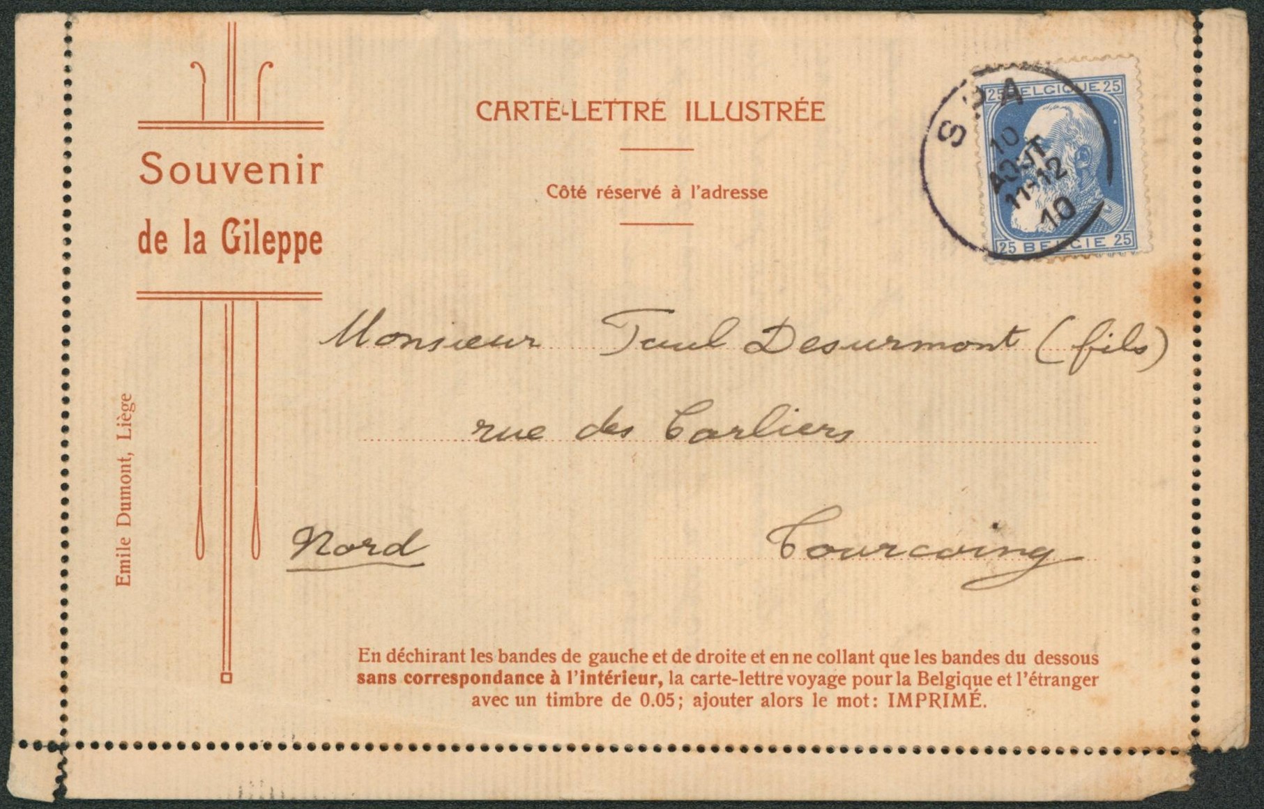 n°76 sur carte-lettre illustrée "souvenir de la Gileppe" obl S.C. "Spa" > Tourcoing (France).