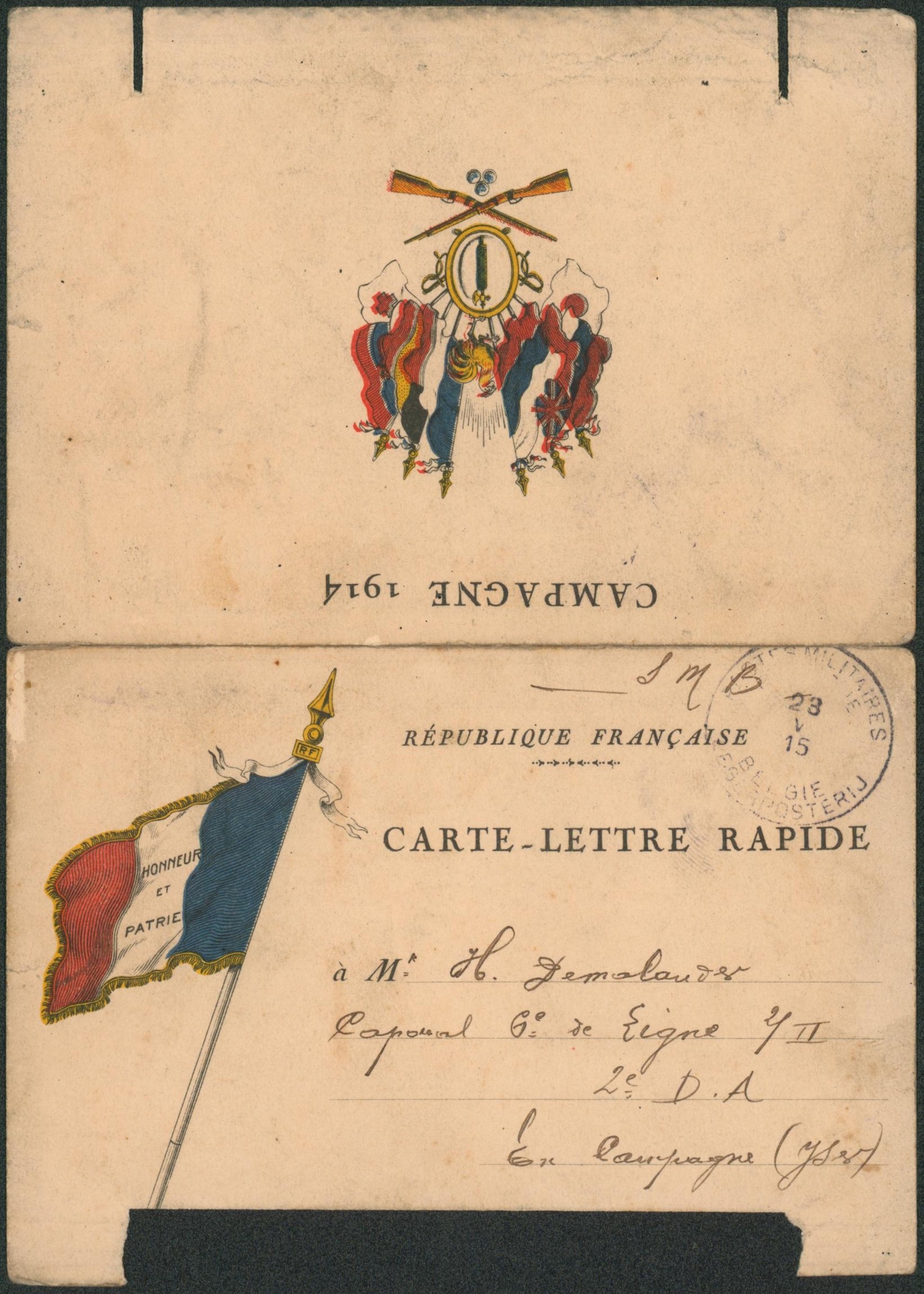 Carte-lettre rapide (république française) en S.M. obl P.M.B. > 2e D.A. en campagne.