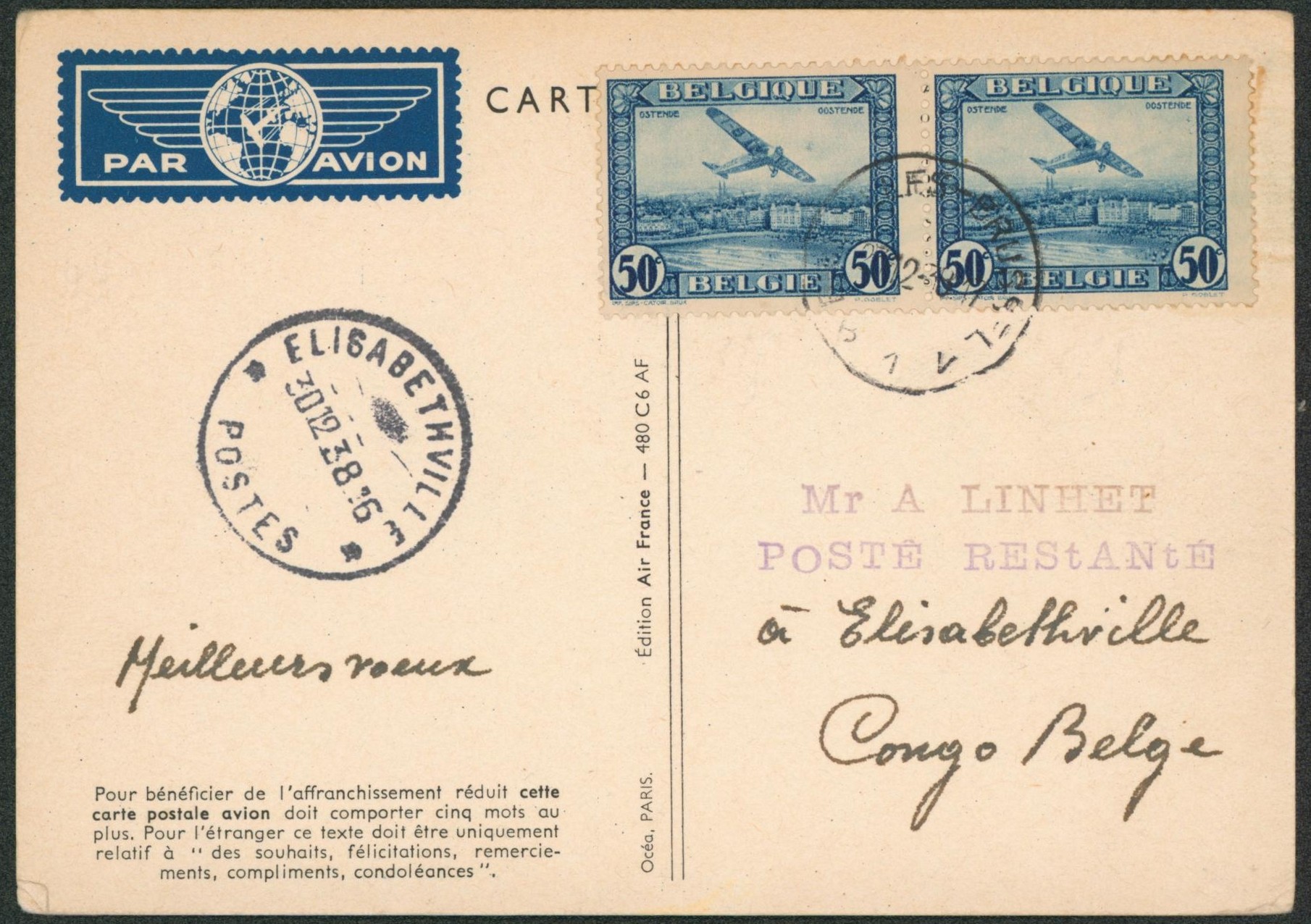 PA1 x2 sur carte postale de propagande (Air France) de Bruxelles > Poste restante à Elisabethville (Congo Belge).
