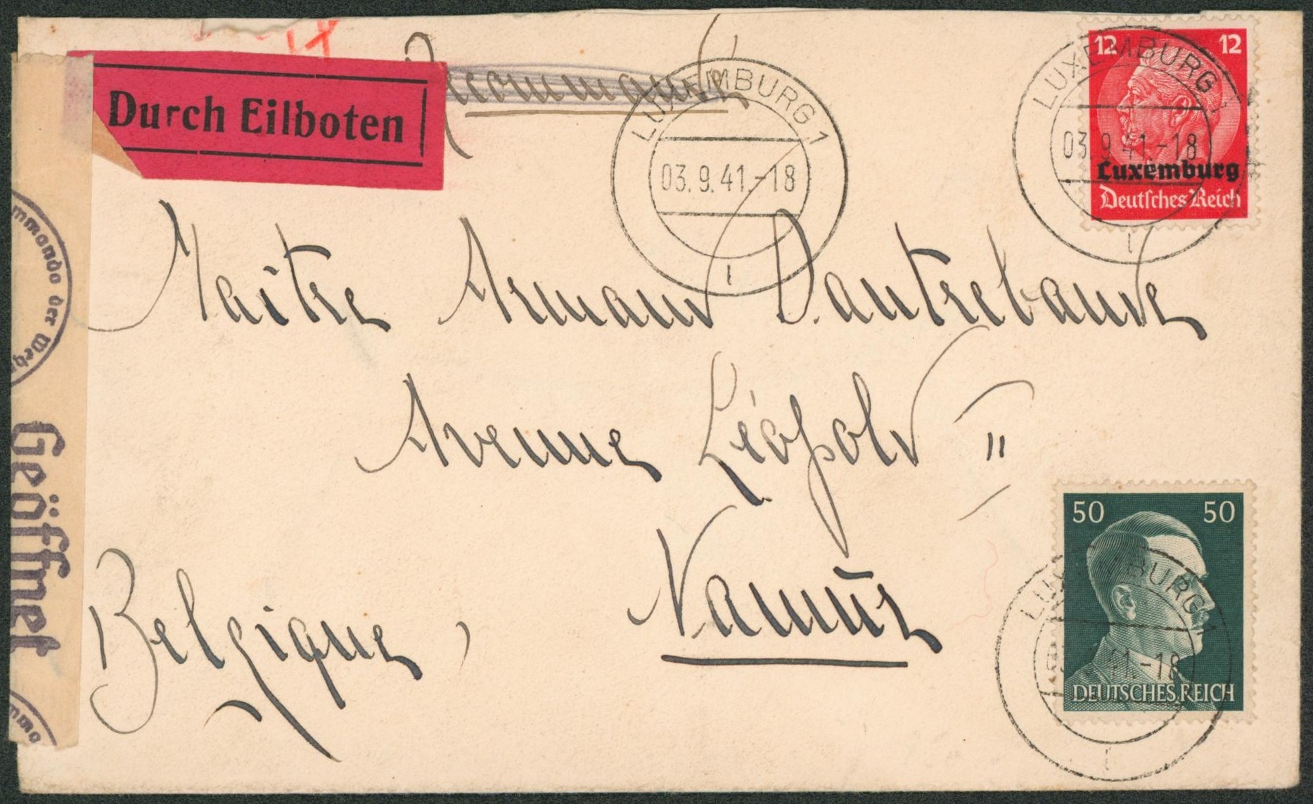 WWII - Luxembourg occupation allemande çàd affranch. Mixte sur lettre en recommandé (biffé) de Luxemburg 1 > Namur. Censure