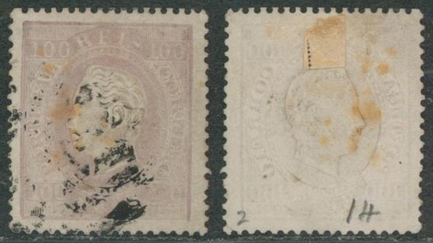 Portugal - Mi 41xD (Mundifil 43c) 100 reis gris lilas dentelé 14 oblitéré + certificat