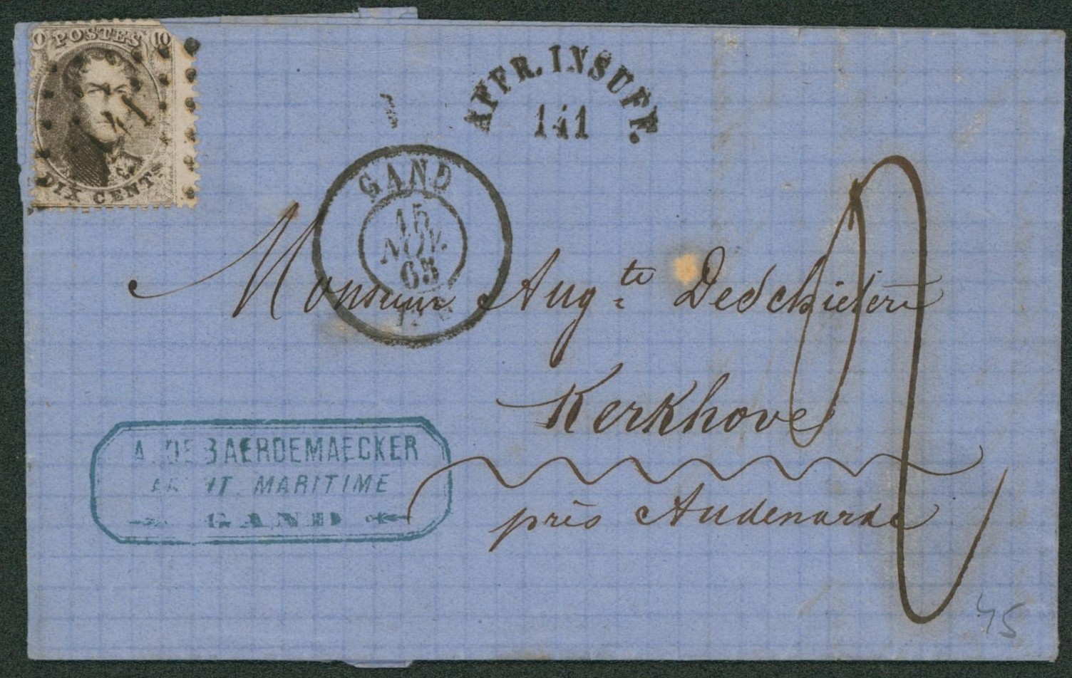 n°14 légèrement touché + variété de piquage sur LAC obl Pt 141 çàd Gand, taxe manuscrite "2" et Affr. Insuff. 141 > Kerkhove.