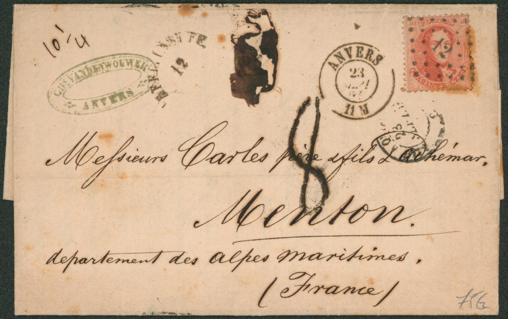 n°16 sur LAC obl Pt 12 çàd Anvers (Luxe), taxe manuscrite "8" et affr. Insuff. 12 > Menton (France).