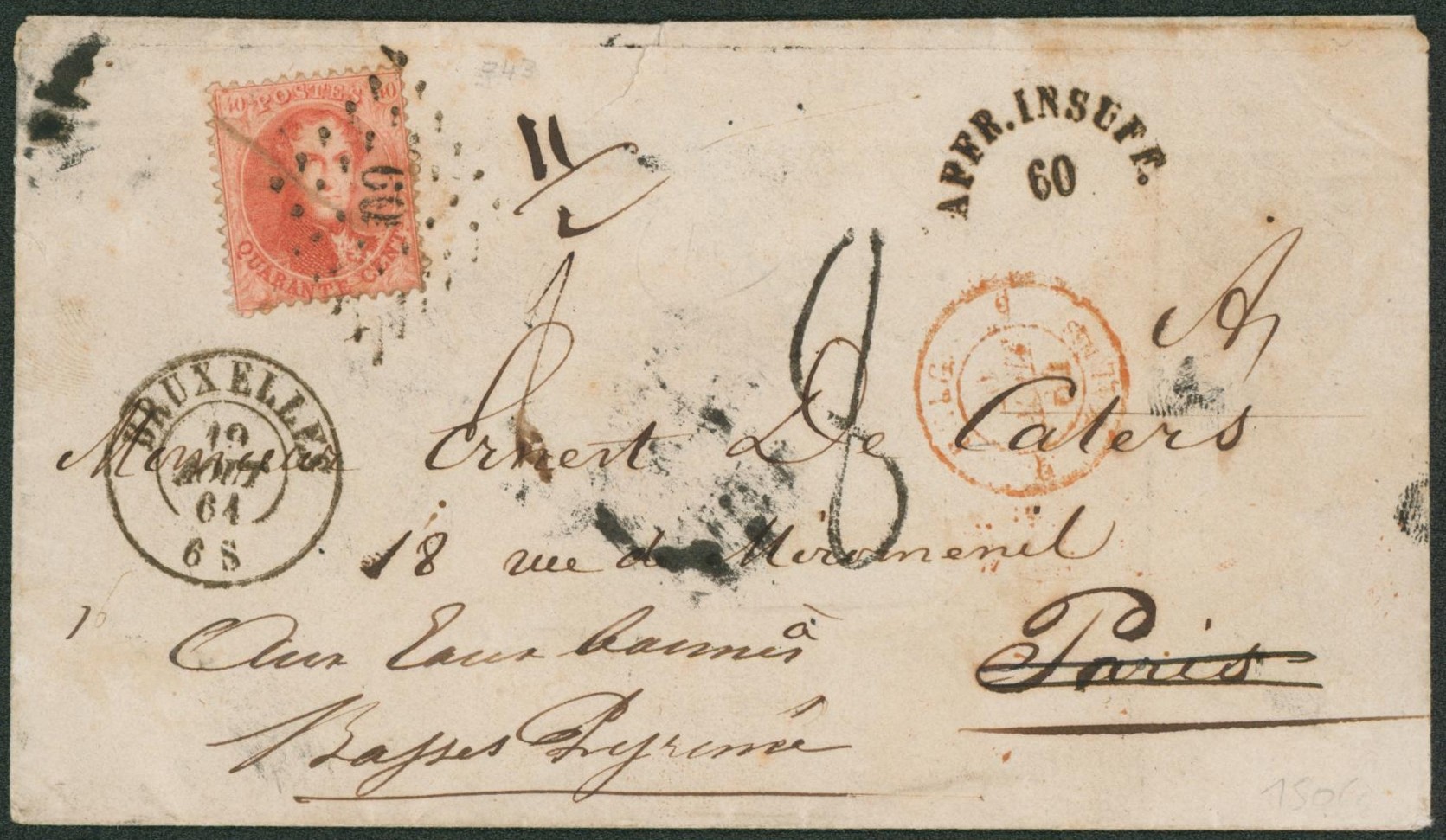 n°16 sur Env. obl Pt 60 çàd Bruxelles, taxe manuscrite "8" et affr. Insuff. 60 > Paris (France).