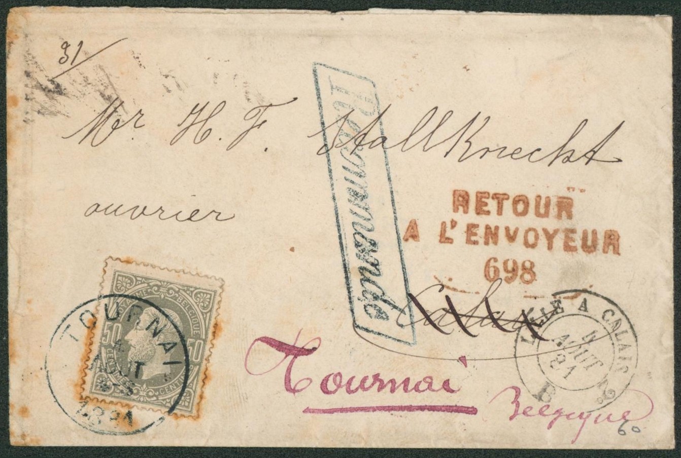 n°35 sur lettre en recommandé obl S.C. "Tournai" > Calais / Retour à l'envoyeur. Verso !! TB