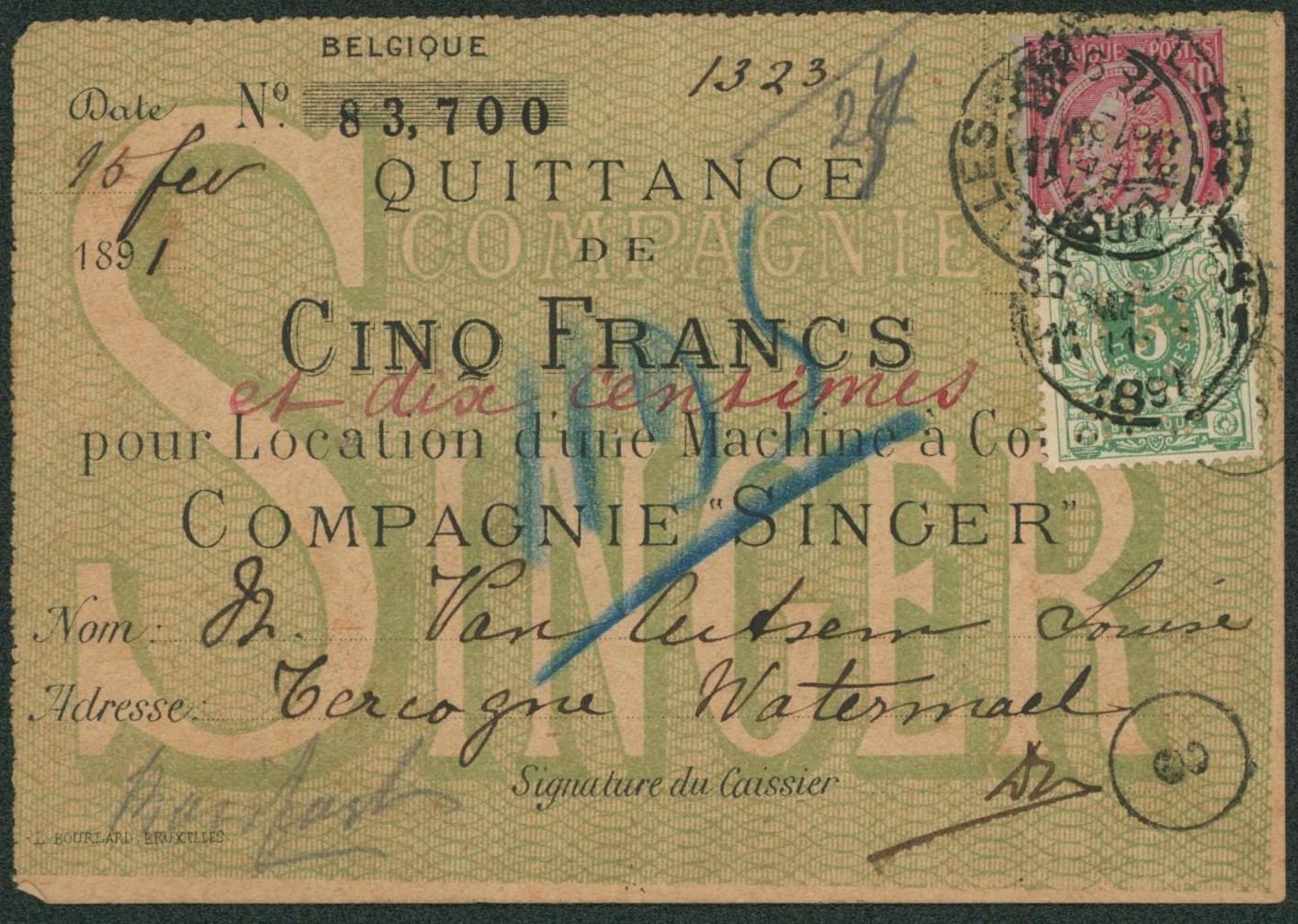 n°45/46 sur quittance de 5 francs pour location d'une machine à coudre (Singer) / Perforés !