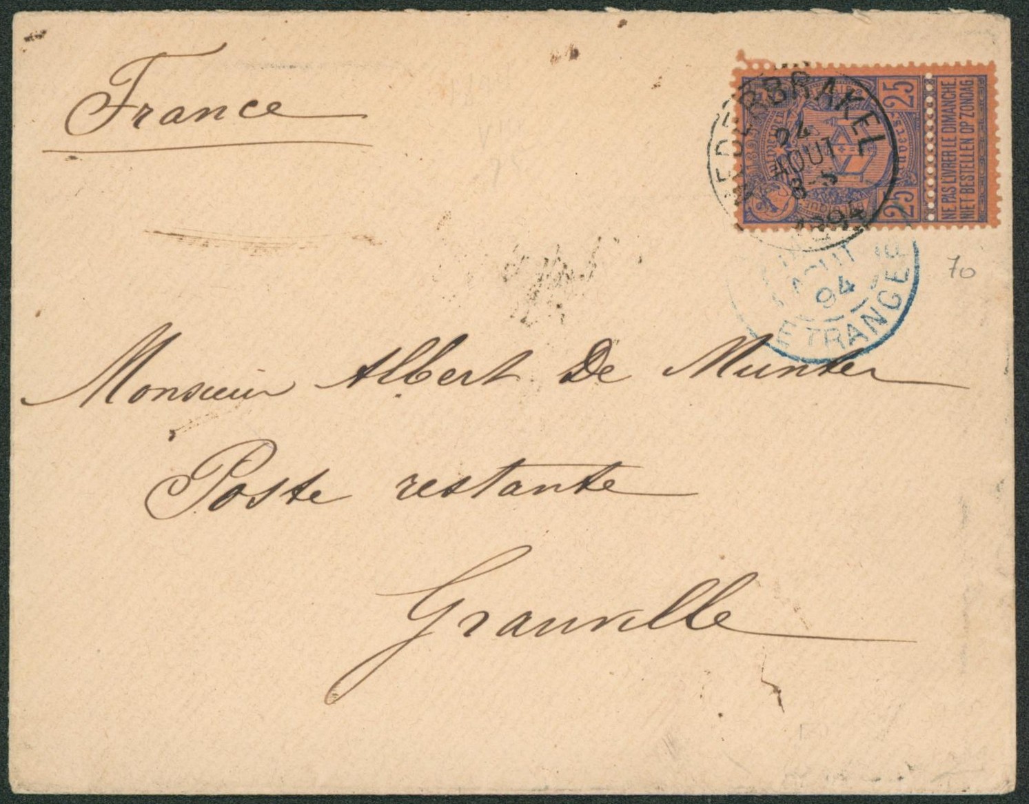 Expositions - n°70 sur lettre obl simple cercle "Nederbrakel" > Granville, poste restante (France)