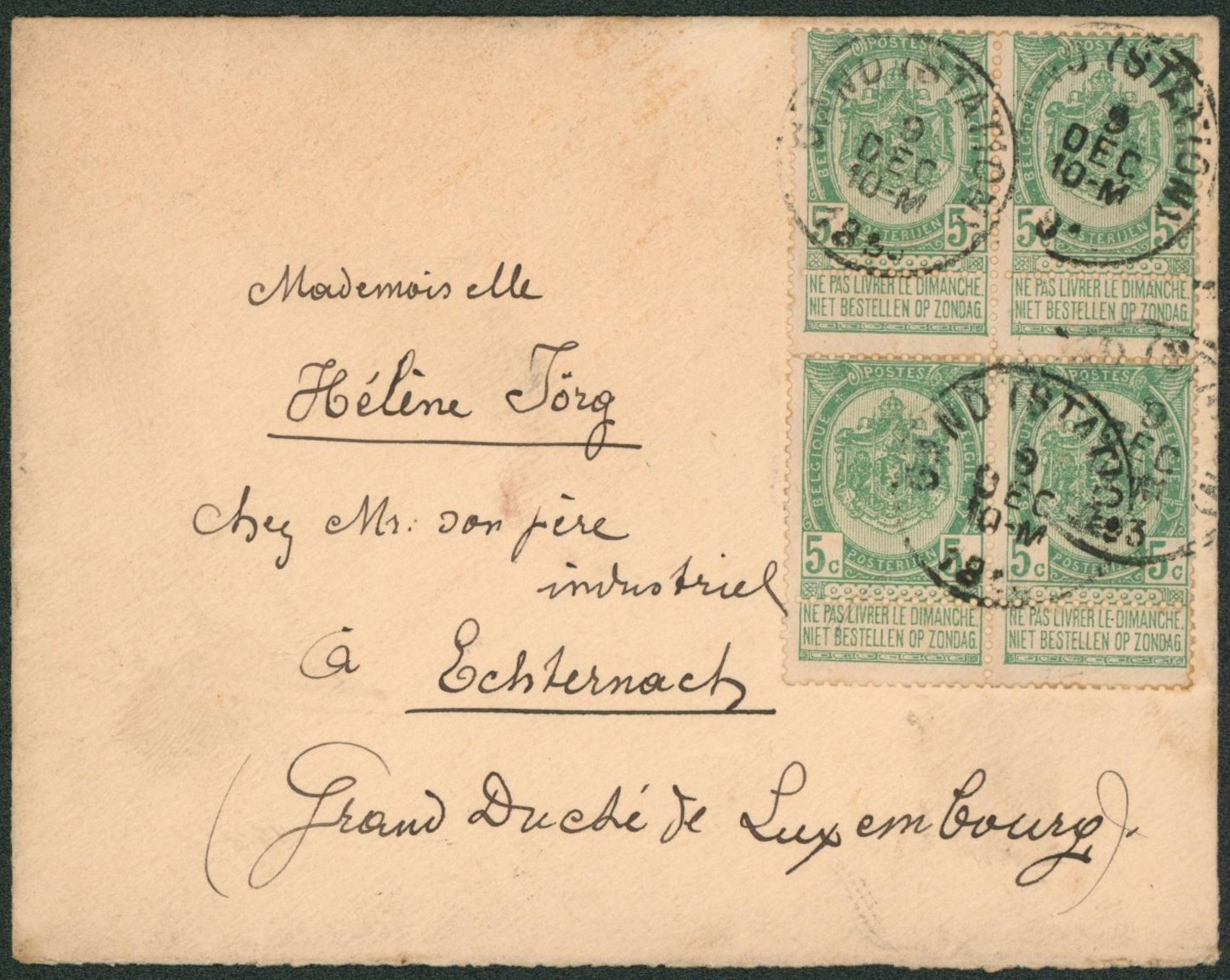 n°56 en bloc de 4 sur lettre obl simple cercle "Gand (station)" > Echternach (Luxembourg). Superbe