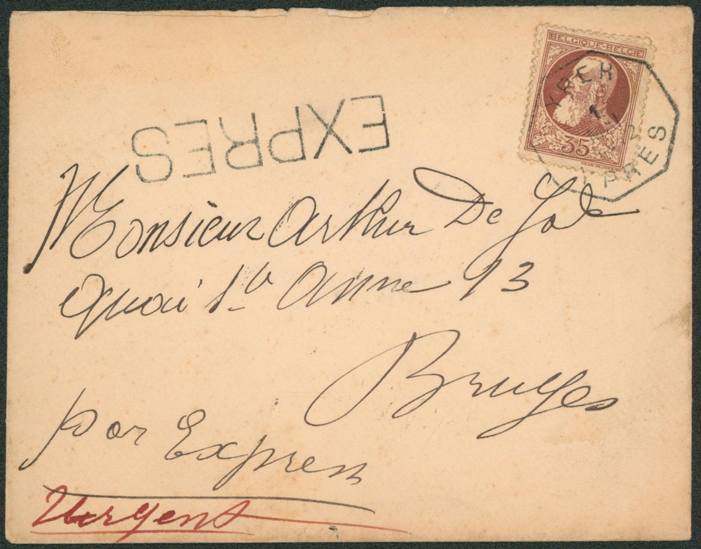 n°77 sur lettre en expres obl télégraphique "Yper / Ypres" > Bruges. Urgent / Cachet privé au verso !