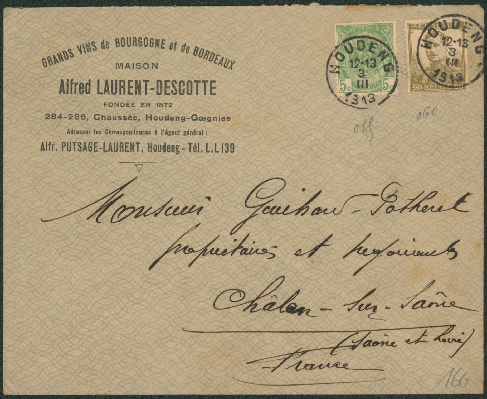 n°83 et 112 sur lettre à en-tête (Grands vins de bourgogne et de Bordeaux) expédié de Houdeng > Chalon-S-Saone (France).