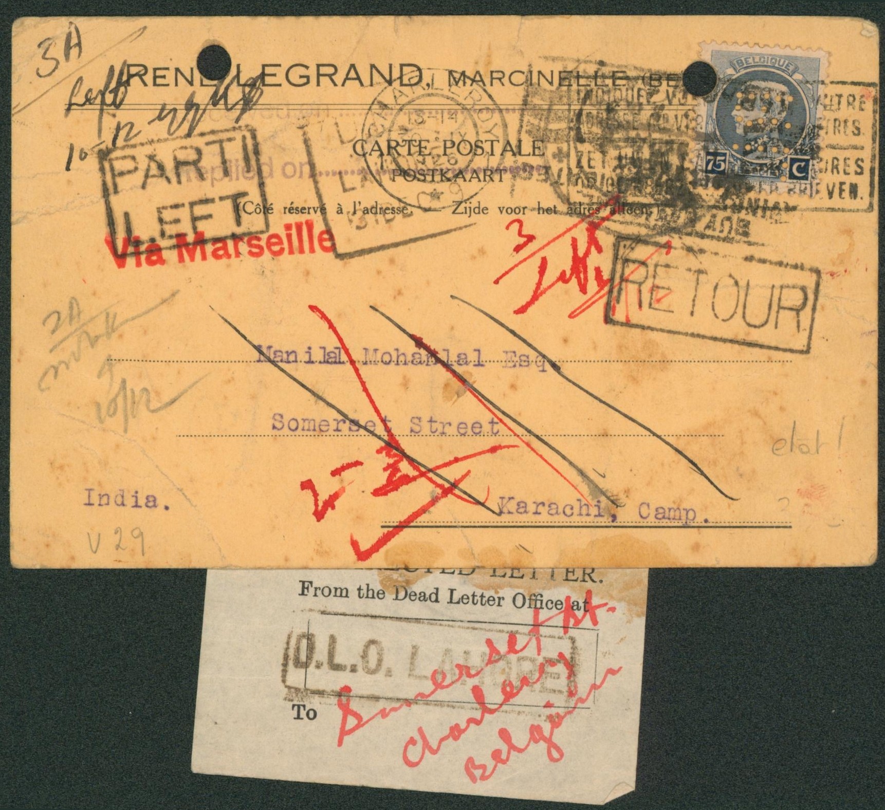 Petit montenez - n°213 sur CP imprimée (état ! Trou d'archive) expédié de Charleroy via ambulant "Oostende-Brussel 1"> Karachi camp (India, Inde) / Retour, parti / Left. TB !