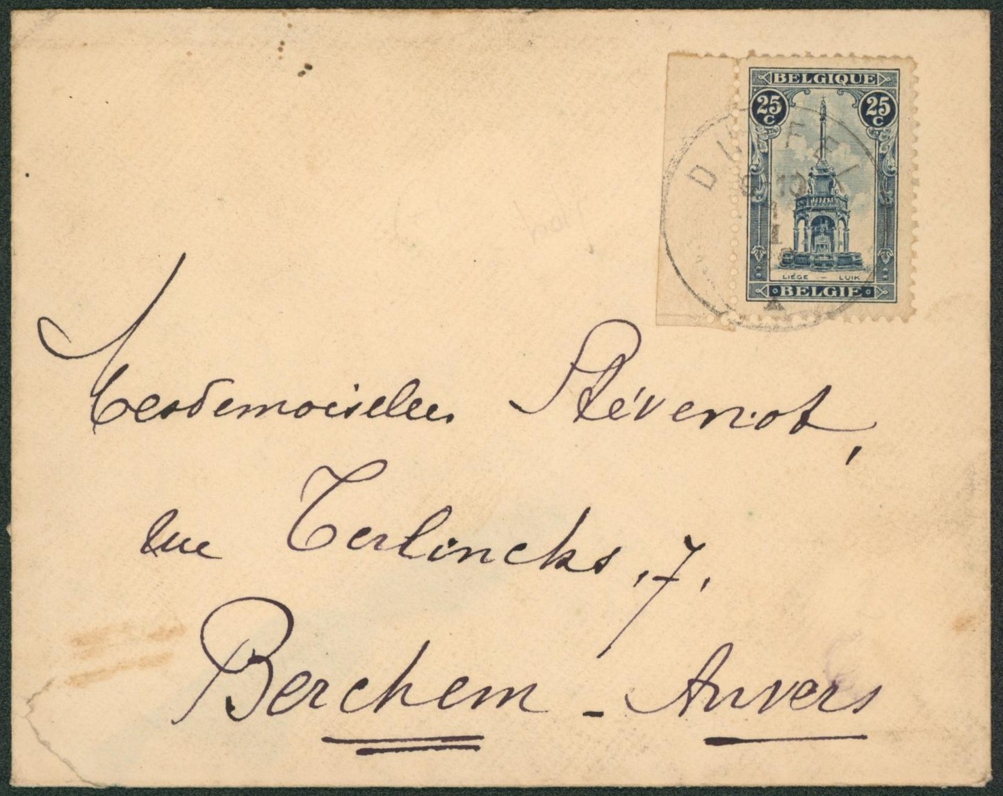 Perron de liège + BDF sur lettre obl S.C. "Duffel" > Berchem