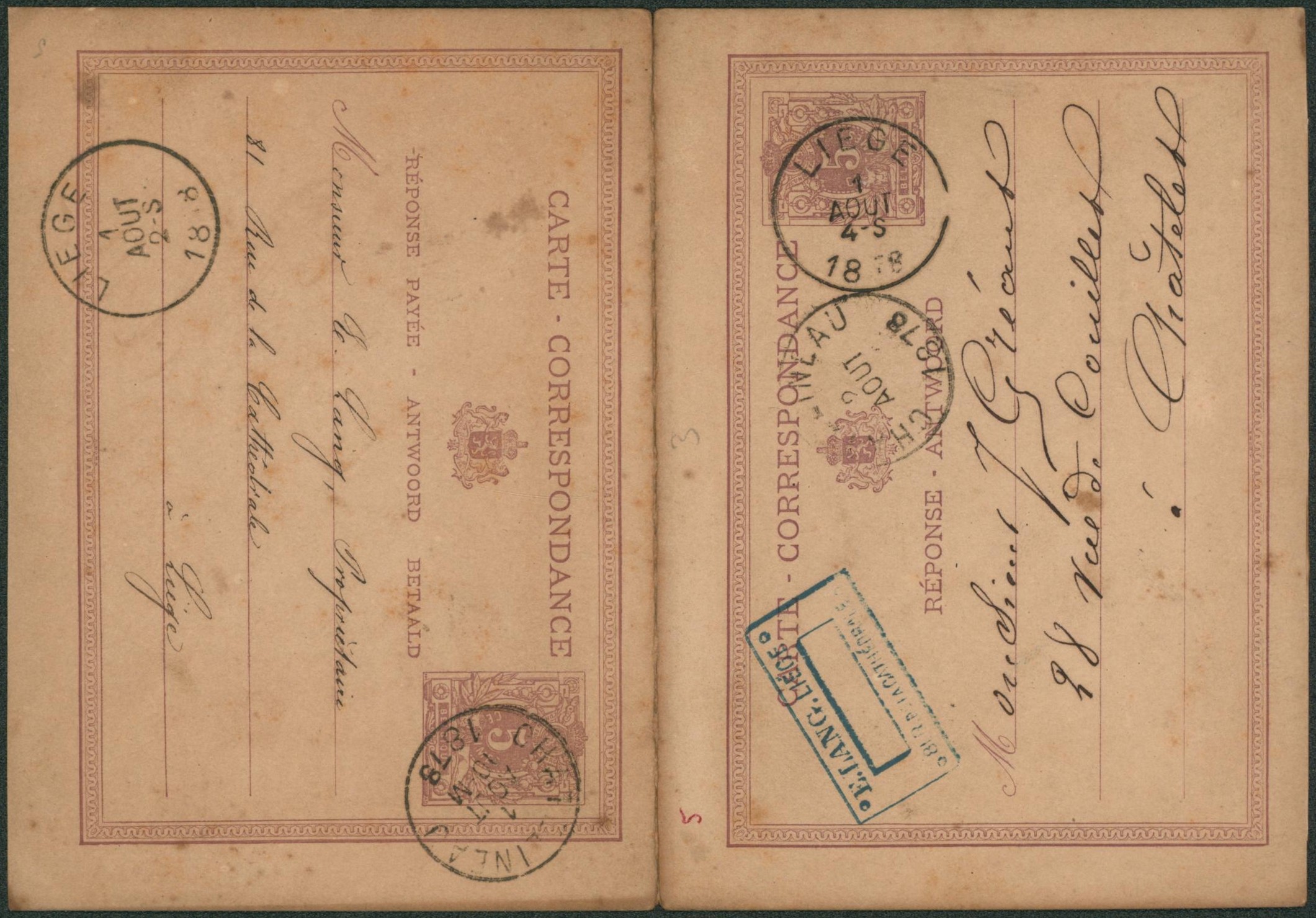 EP au type 5ctm mauve (double) expédié de Chatelineau > Liège + réponsede Liège > Chatelineau. Complet ! TB et R.