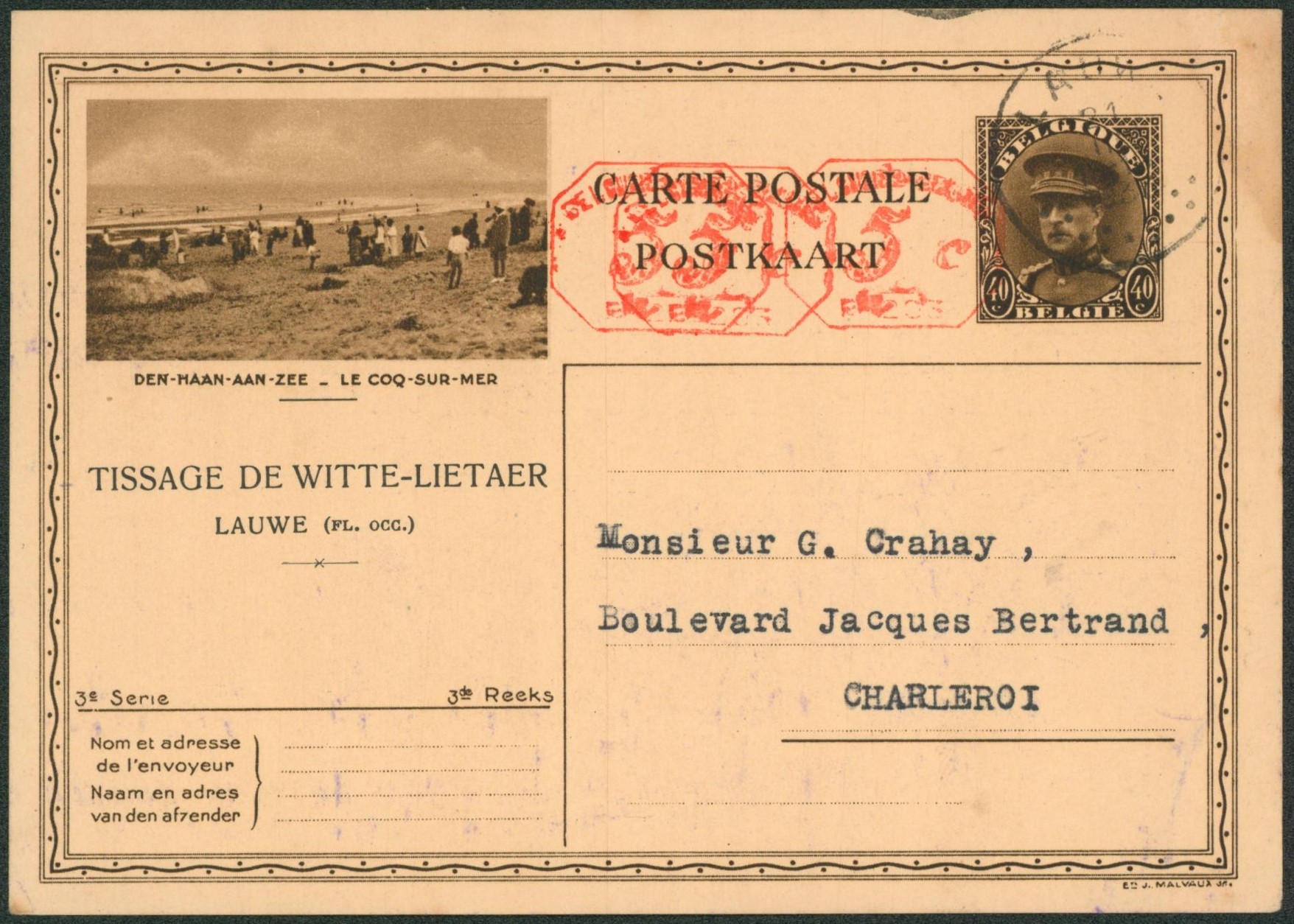EP au type 40ctm brun képi (3e série, Den-Haan) + triple surcharge mécanique, voyagé de Lauwe > Charleroi.