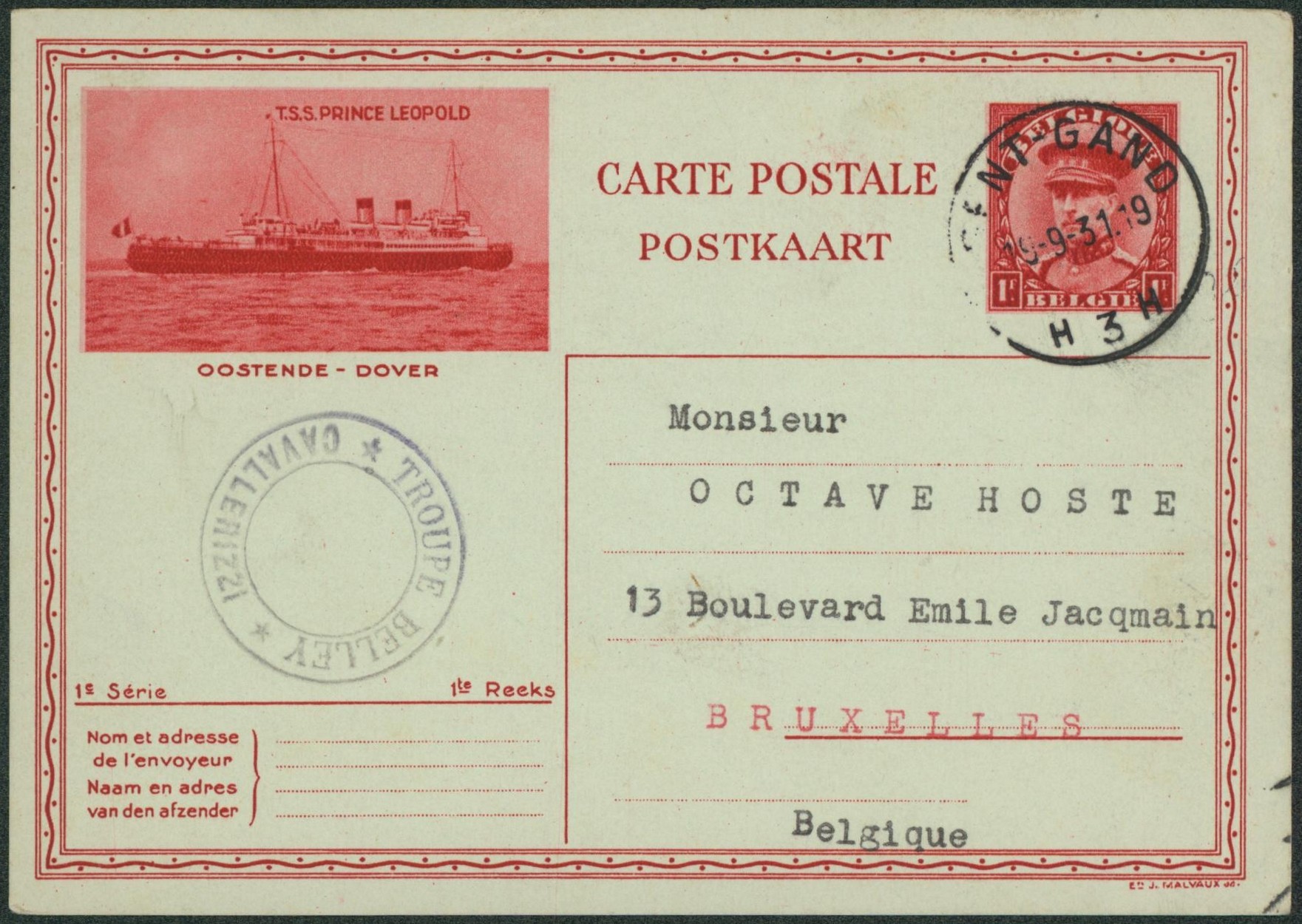 EP au type 1F rouge Képi (1e série, Oostende-Dover) expédié de Gent-Gand > Bruxelles  / Troupe belley, cavallerizzi (militaire italien)