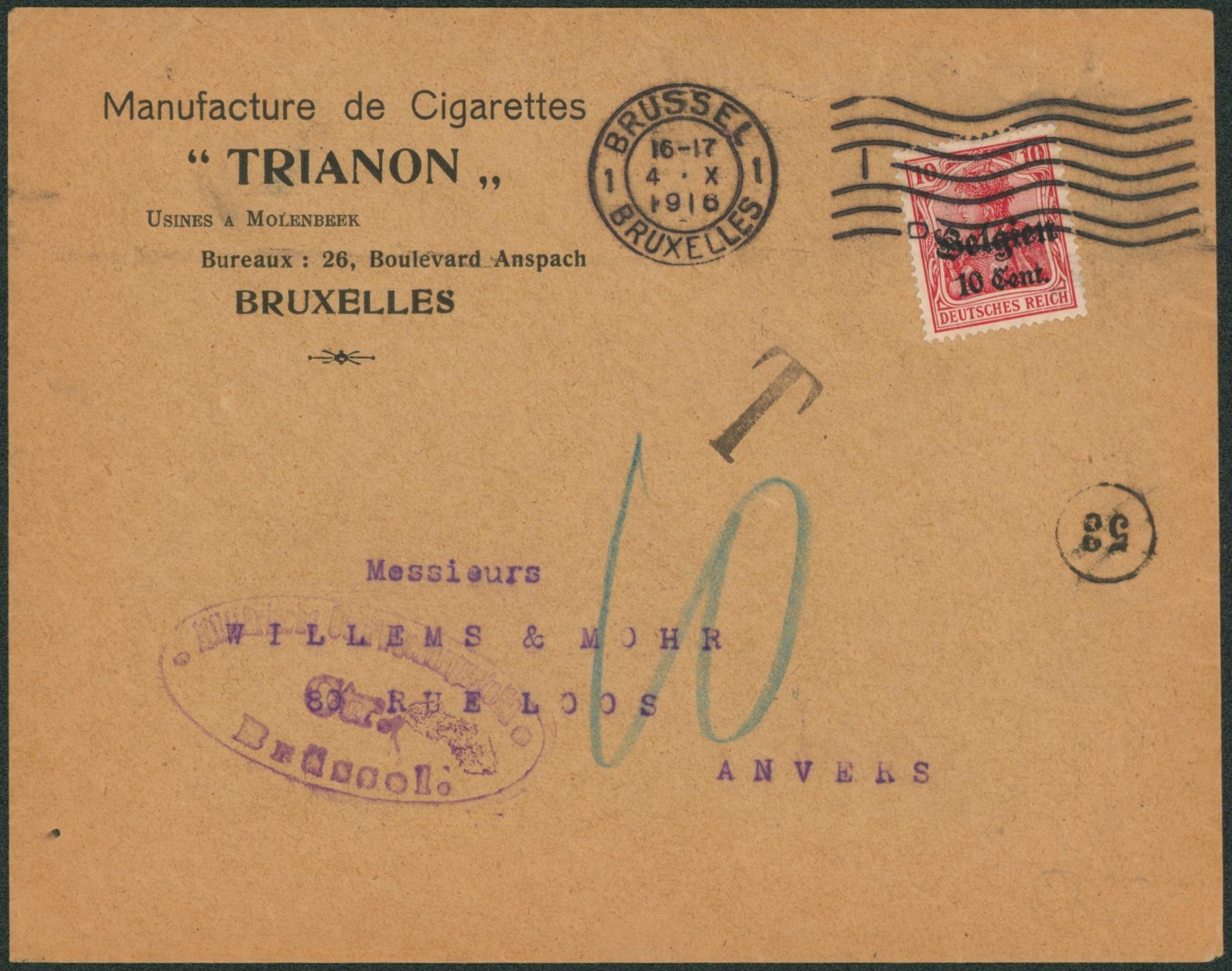 OC14 sur lettre à en-tête (manufacture de cigarettes) de Bruxelles > Anvers, taxé