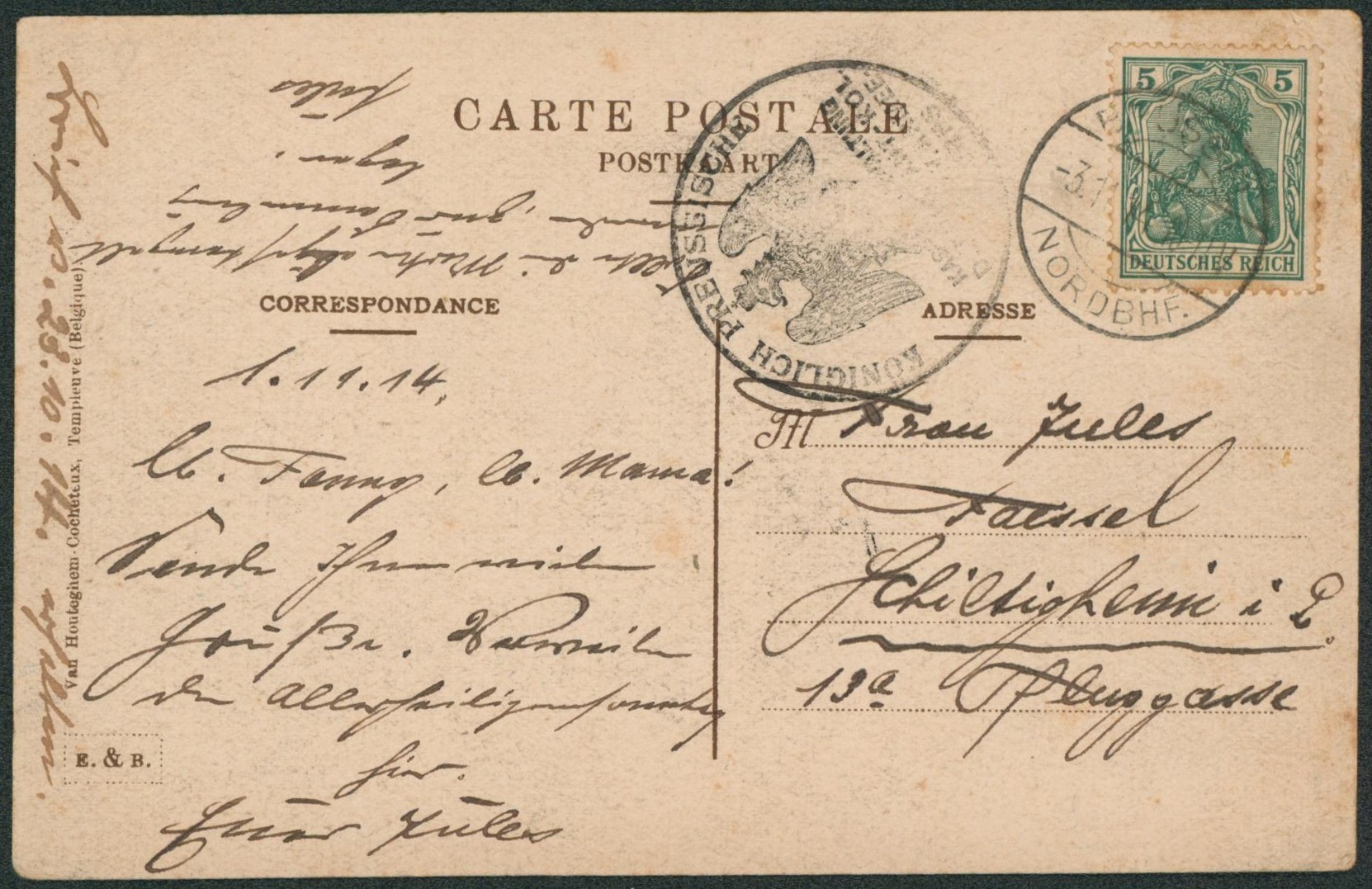 Allemagne - 5Pf vert sur CP obl à pont "Brussel / Nordbhf" + censure avec aigle (Koniglich preussische) > Allemagne.