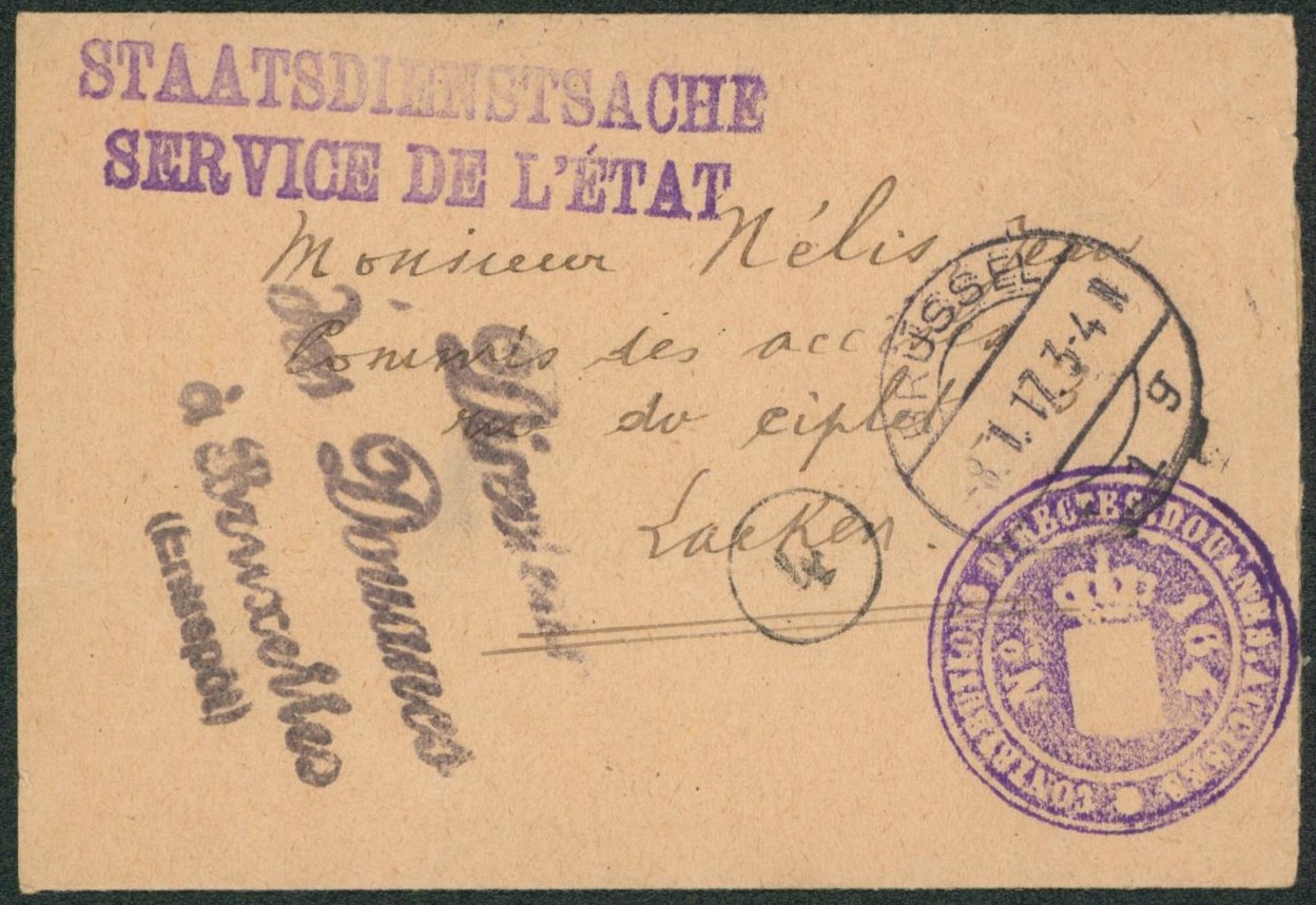 Petite bandelette pour imprimé (Service d'état) cachet à pont Brussel > Laeken / directeur des douanes