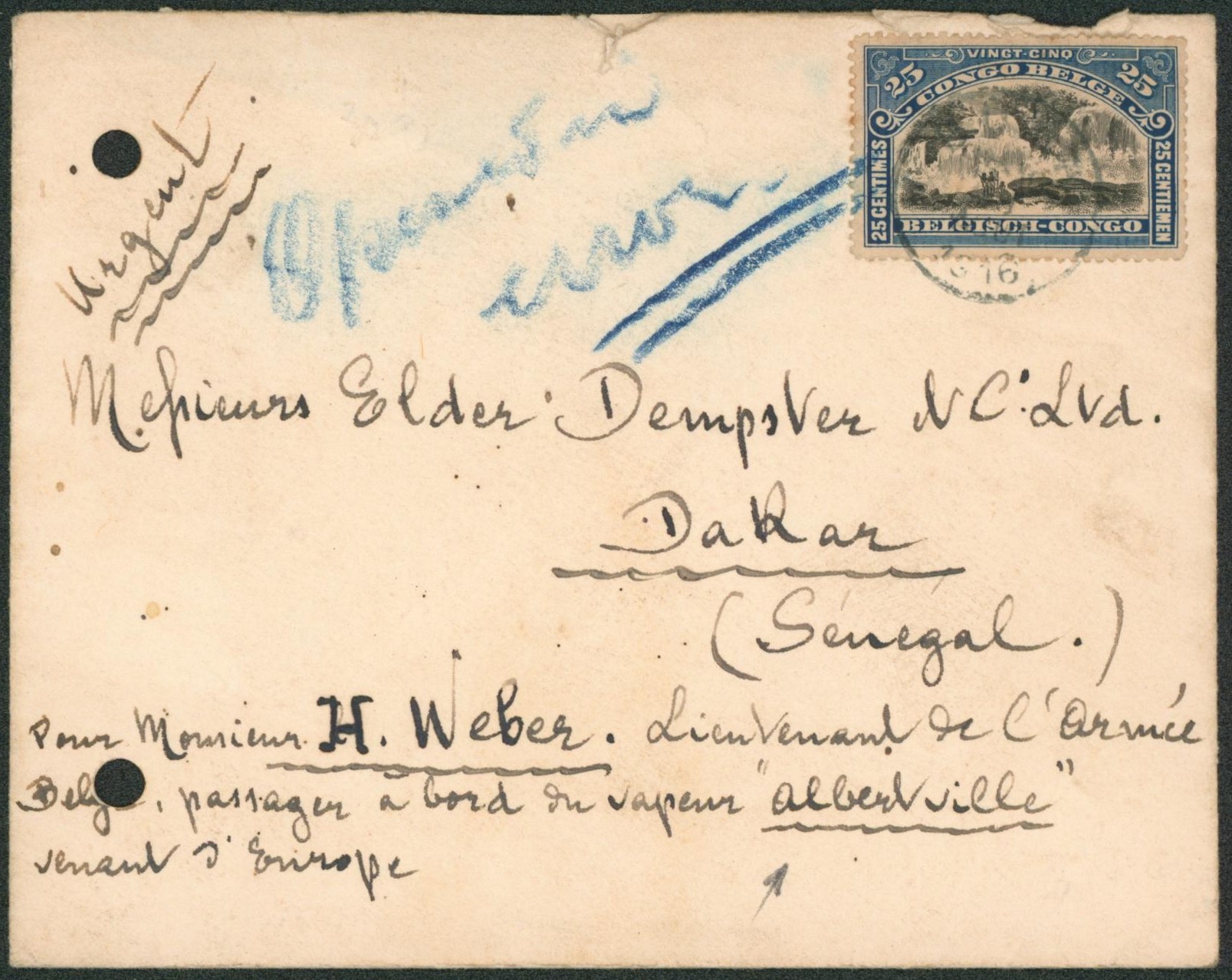 Congo Belge - Mols n°67 sur lettre expédié de Boma (Cabinet du procureur général) > Dakar (Sénégal) pour M. H. Weber lieutenant de l'armée belge à bord du vapeur Albertville. Trou d'archive, sinon TB et R !