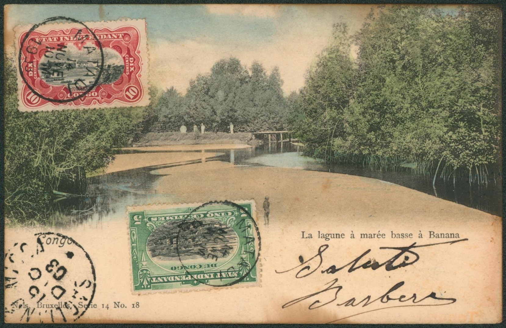 Congo Belge - Mols n°16 et 19  sur CP vue (Nels, colorsiée) expédié de Matadi > Sagliano Micca (Briella, Italie) çàd cachet d'arrivé.
