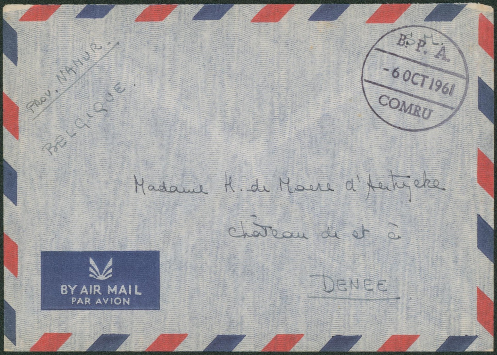Ruanda - Lettre en S.M. expédié par avion + cachet B.P.A. / COMRU (III Para, Usumbura) > Château de et à Denée.