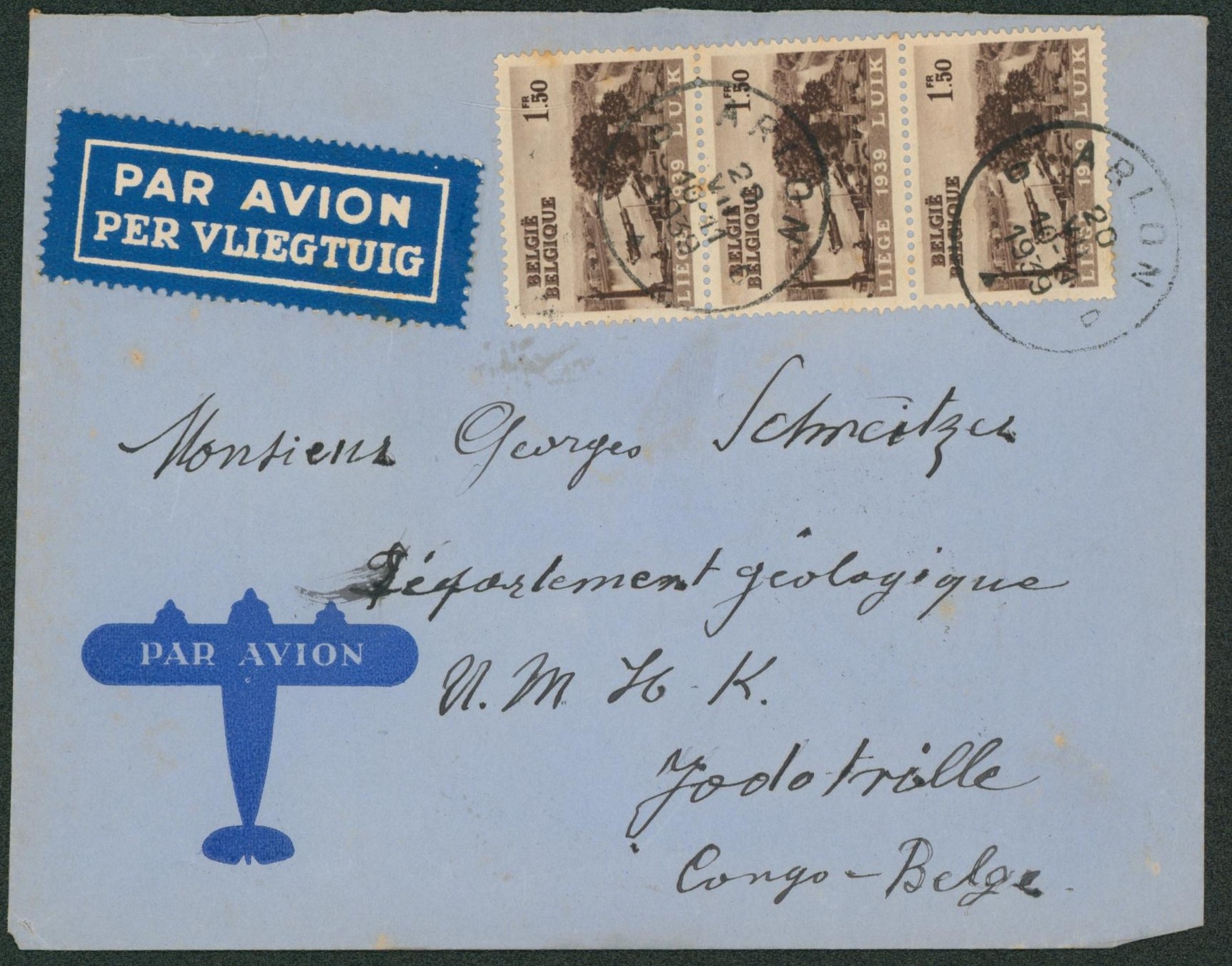 n°486 en bande de 3 sur lettre par avion de Arlon > Jadotville (Congo Belge).