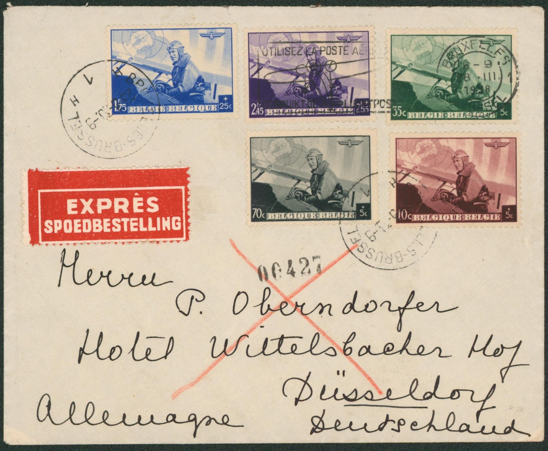 Série complète çàd n°466/70 (conférence aéropostal) sur lettre en expres de Bruxelles > Dusseldorf.