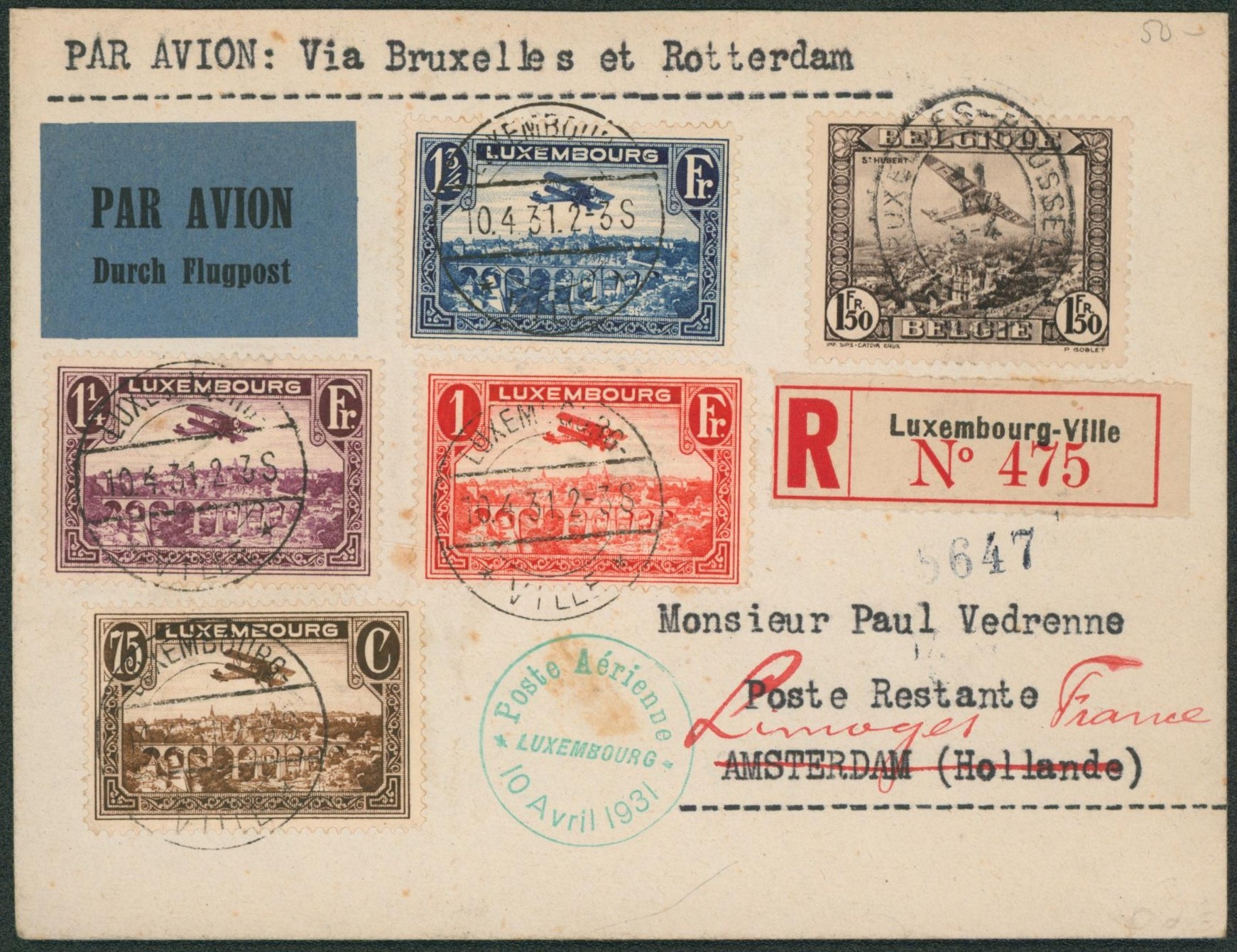 Luxembourg - PA2/PA5 sur lettre par avion en recommandé de Luxembourg-ville via Bruxelles çàd PA2 > poste restante à Amsterdam, redirigé vers Limoges (France).