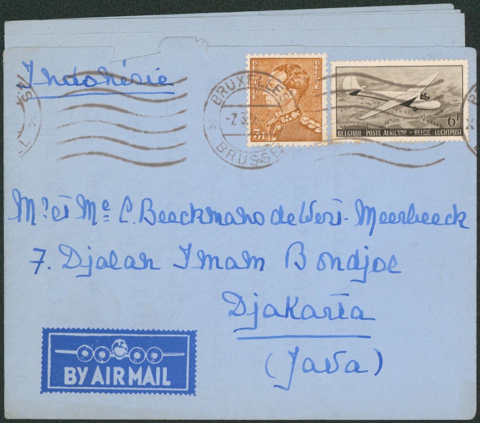 n°847 et PA28 sur lettre par avion de Bruxelles > Djakarta (Indonésie)