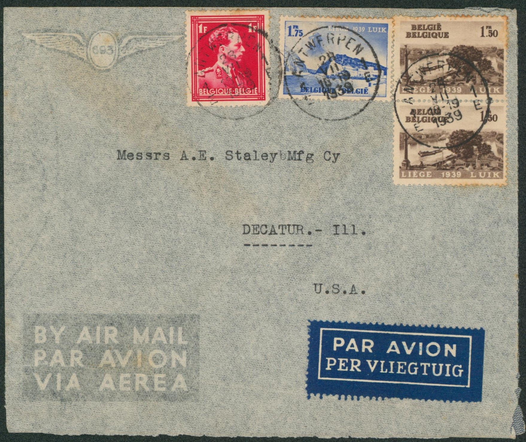 Affranch. Mixte sur lettre par avion de Antwerpen > Decatur (Ill. Usa).