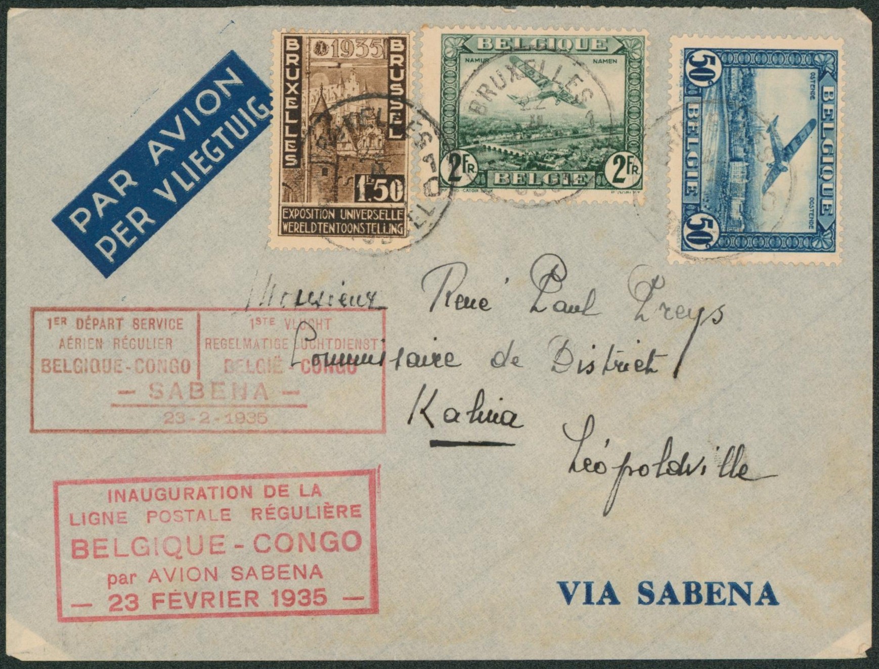 PA1, PA3 et n°388 sur lettre par avion "inauguration de la ligne postale régulaire Belgique Congo SABENA 23 février 1935 > Kalina