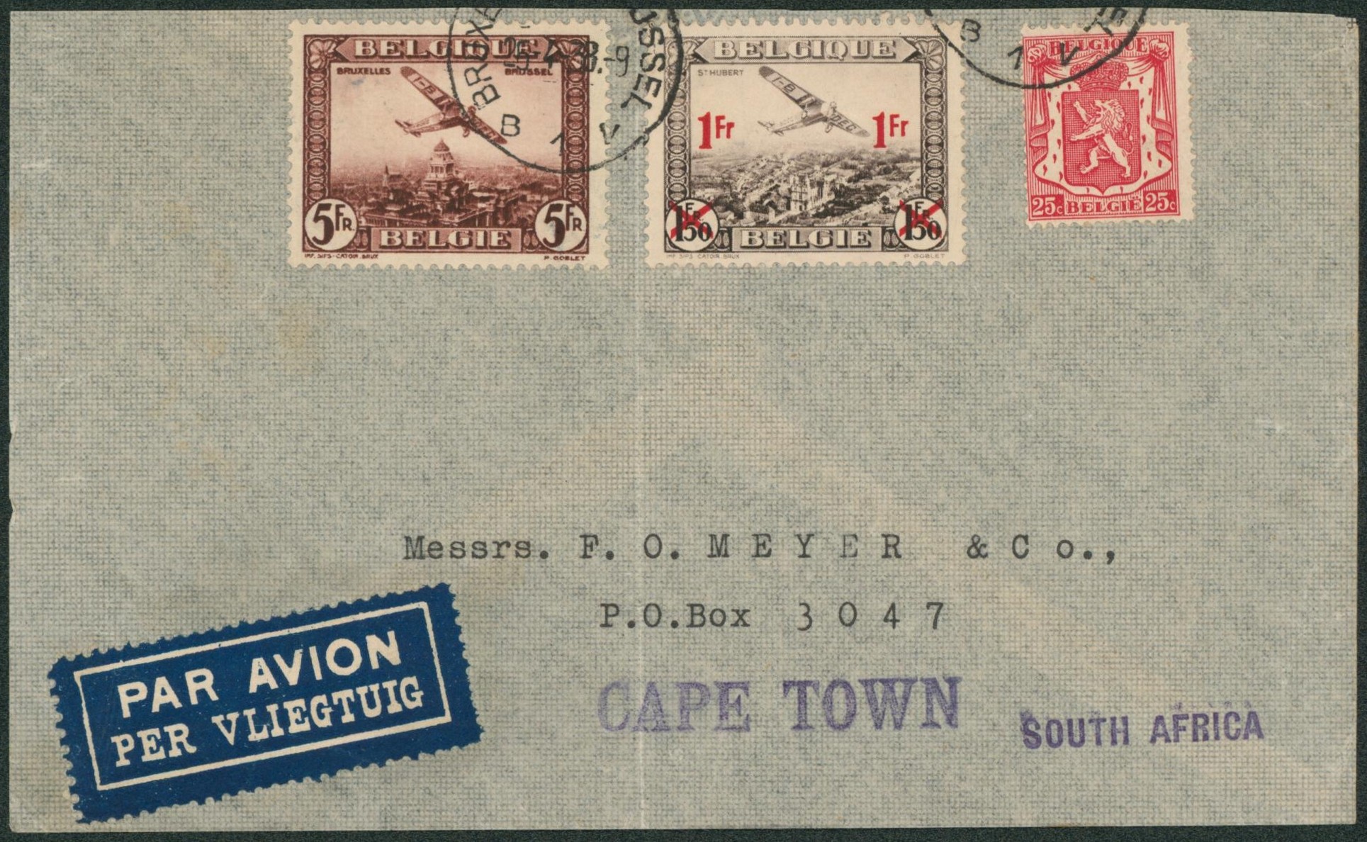 PA4, PA6 et n°423 sur lettre par avion de Bruxelles > Capetown (South Africa)