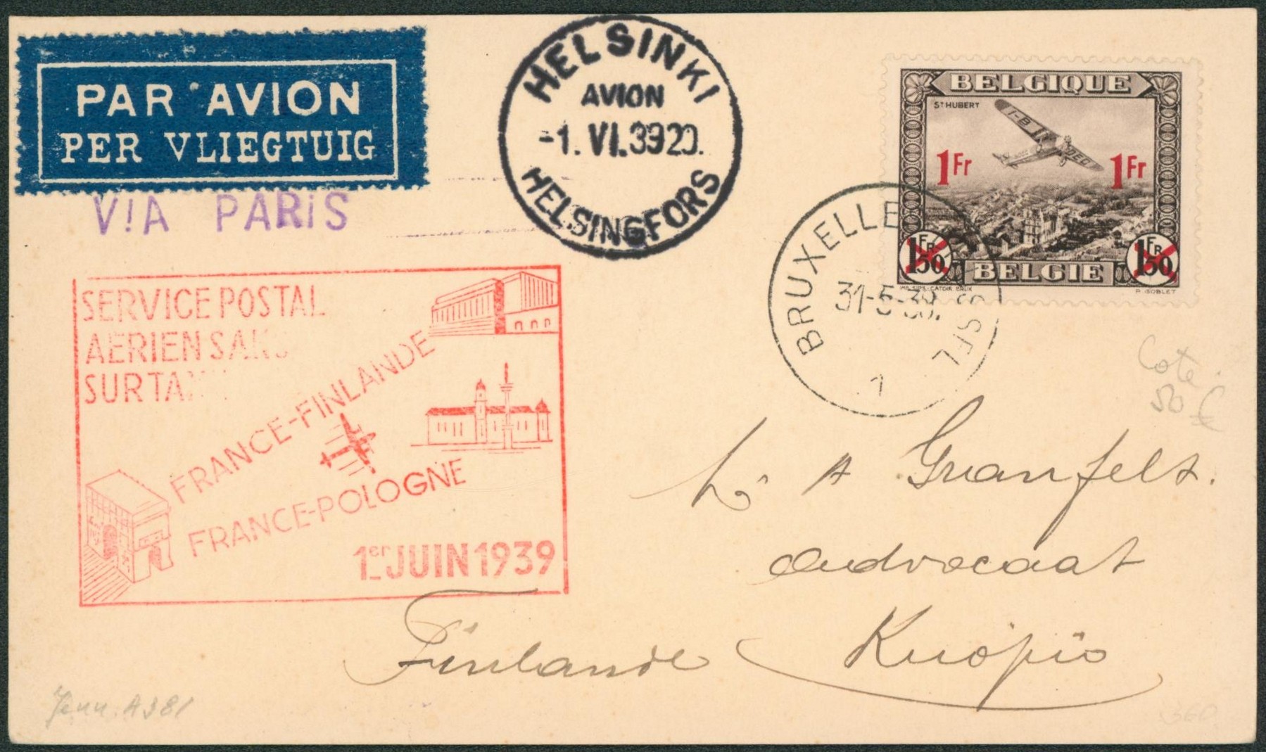 PA6 seul sur lettre par avion de Bruxelles via Paris > Kuopio (Finlande) + cachet Helsinki Avion / Service postal aérien sans surtaxe