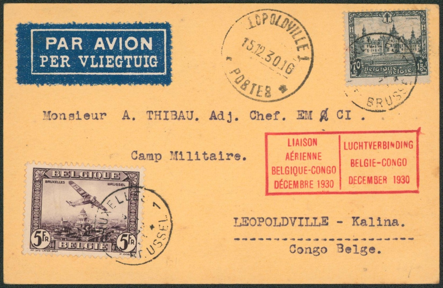 PA5 + n°311 (Ooidonk) sur CP manuscrite sans tecte de Bruxelles > Camp militaire à Léopoldville-Kalina / Liaison aérienne Belgique-Congo décembre 1930