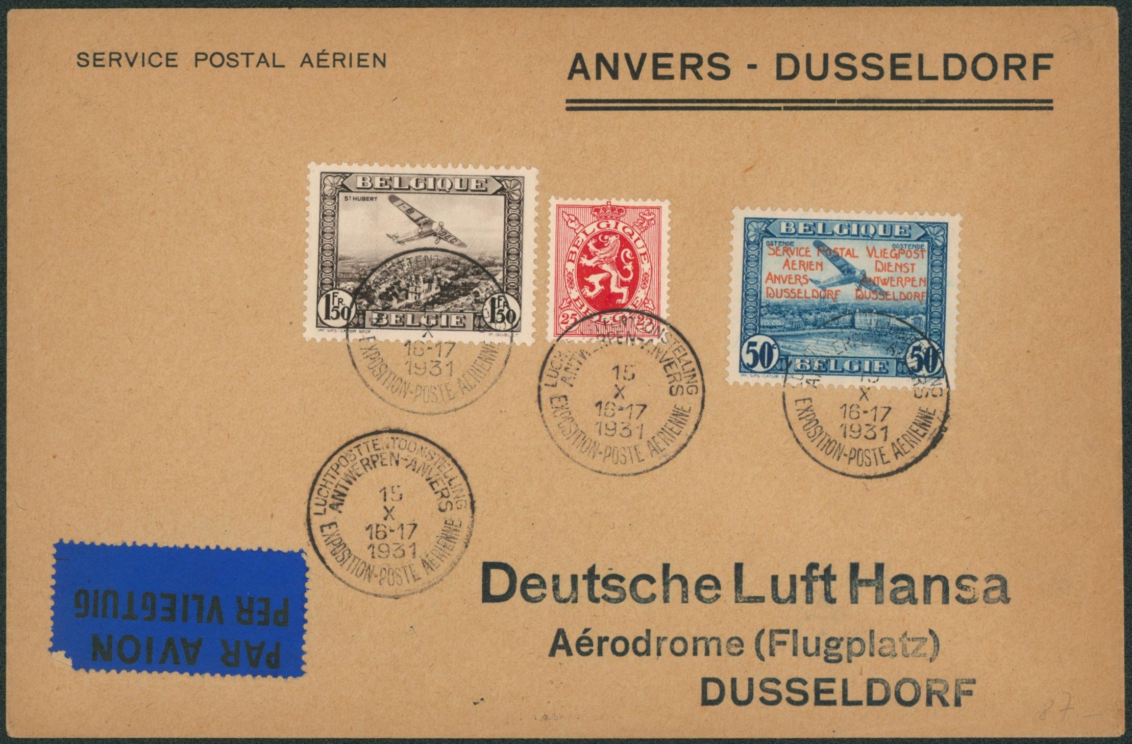 PR34 + n°PA2 et n°282 sur lettre par avion expédié de Anvers-Antwerpen / exposition poste aérienne > Aérodroe flugplatz dusseldorf