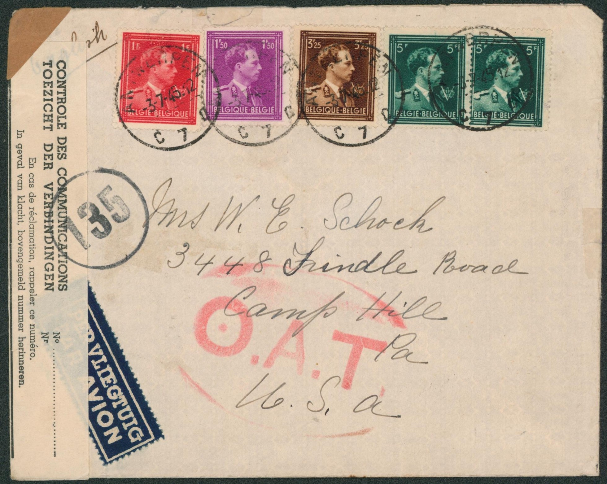 Col ouvert "V" n°690, 691, 695 et 696 x2 sur lettre par avion + bandelette de contrôle des communications n°135 + grande griffe O.A.T. >Camp Hill (USA)