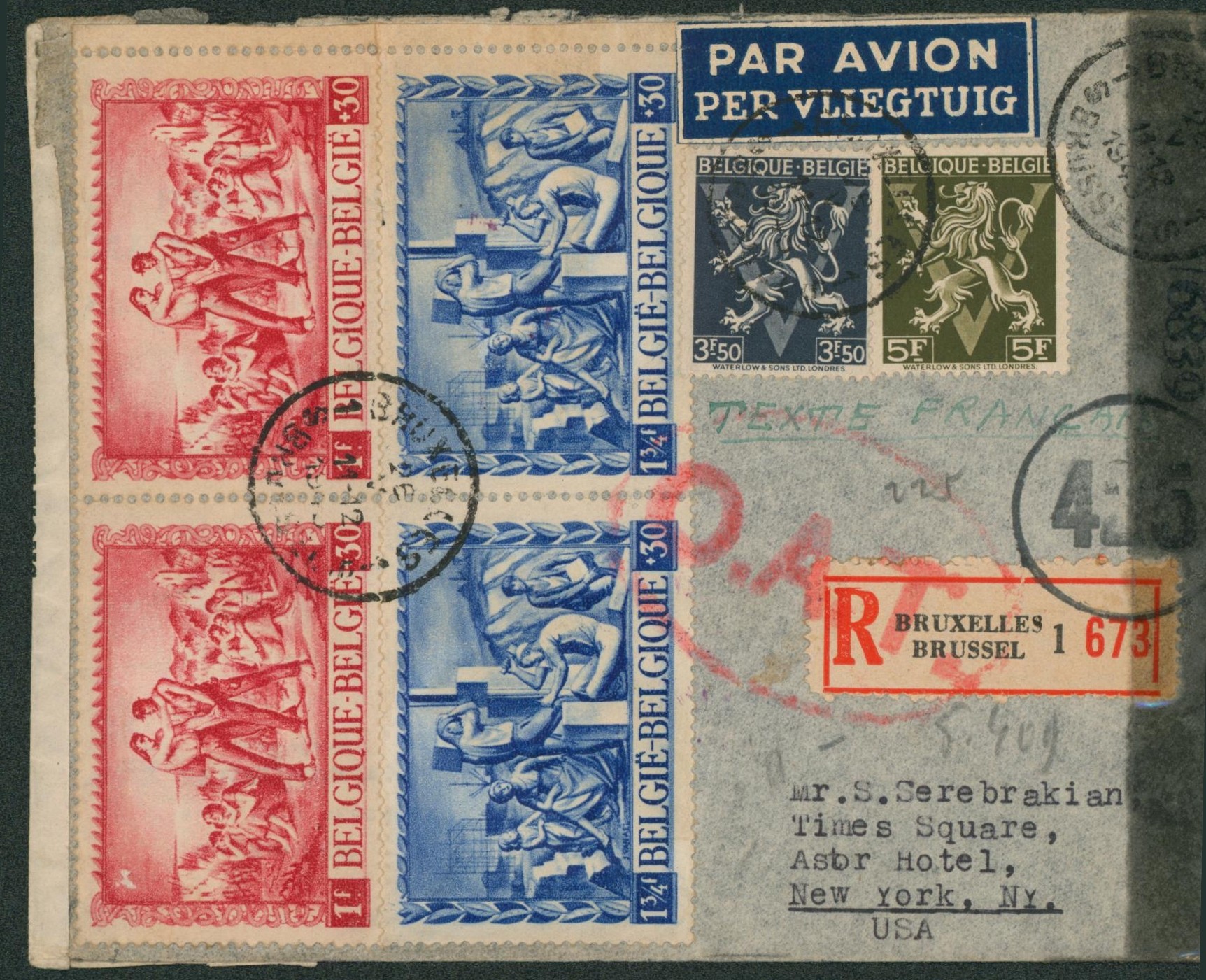 n°697/98 en paire + 687/88 sur lettre en recommandé par avion + contrôle de communications "435" et griffe O.A.T. > New York (USA)