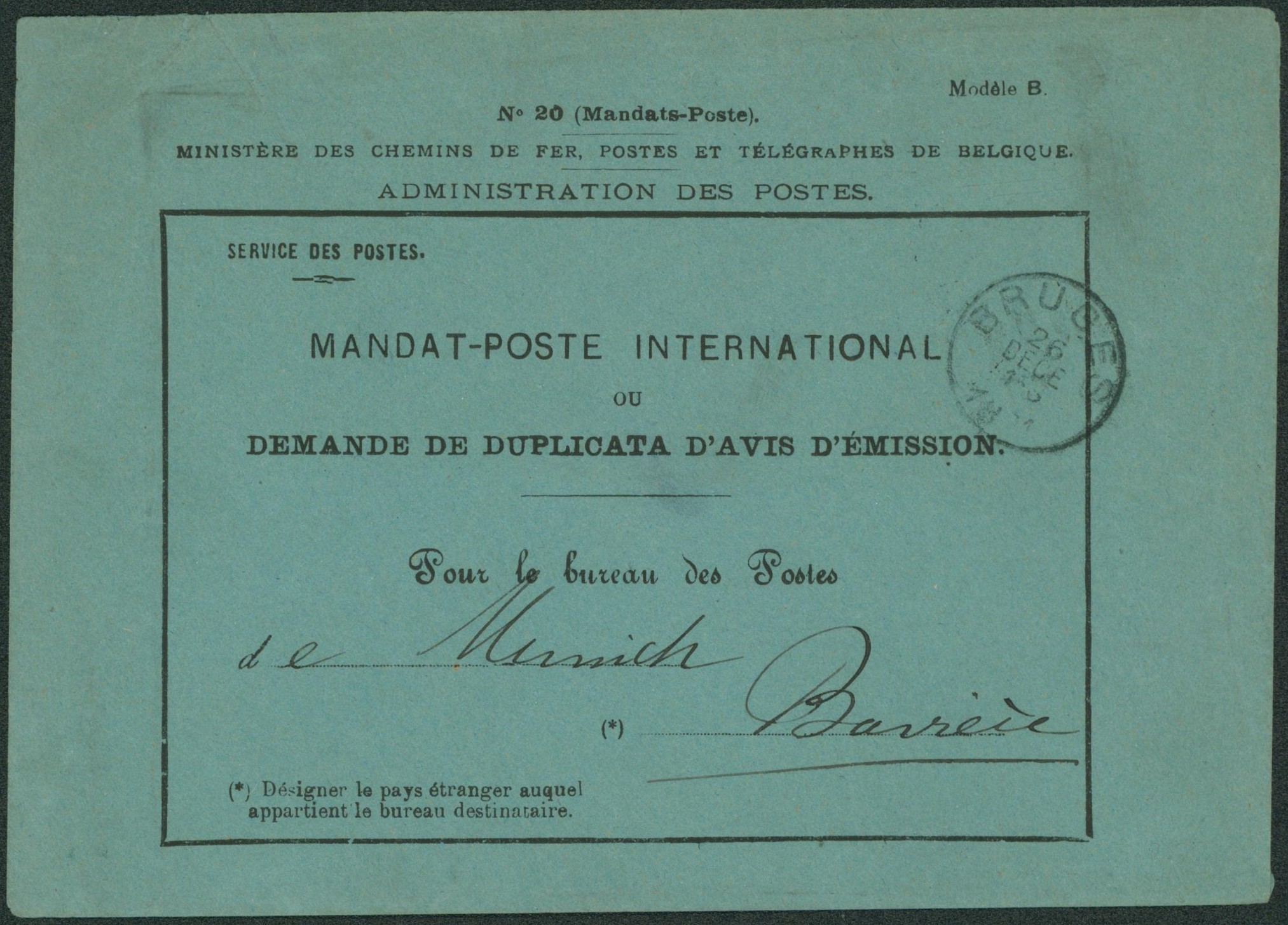 Mandat-Poste international (n°20, Modèle B) expédié de Bruges / brugge > Munich (Bavière, Allemagne)