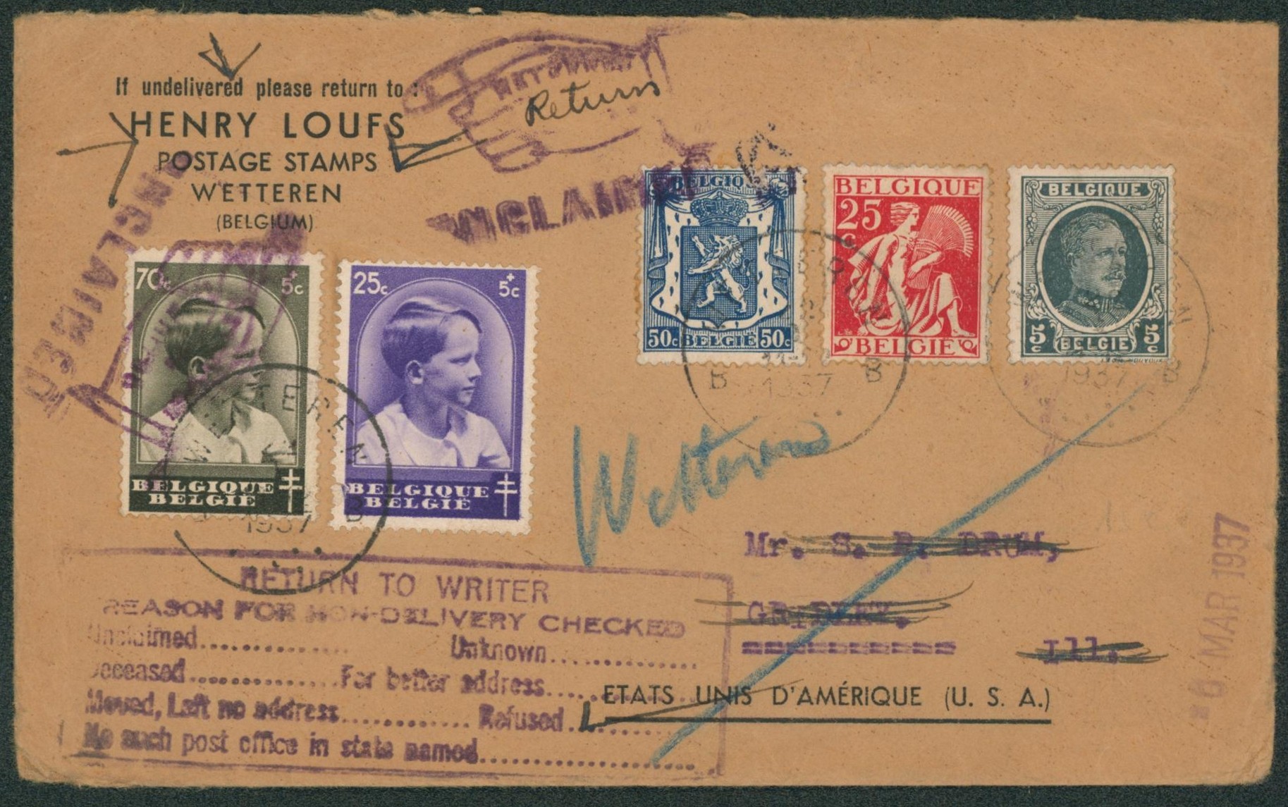 Affranch. Mixte sur lettre expédié de Wetteren (H. Loufs, marchand de timbres) > Gridley (USA) / Retour
