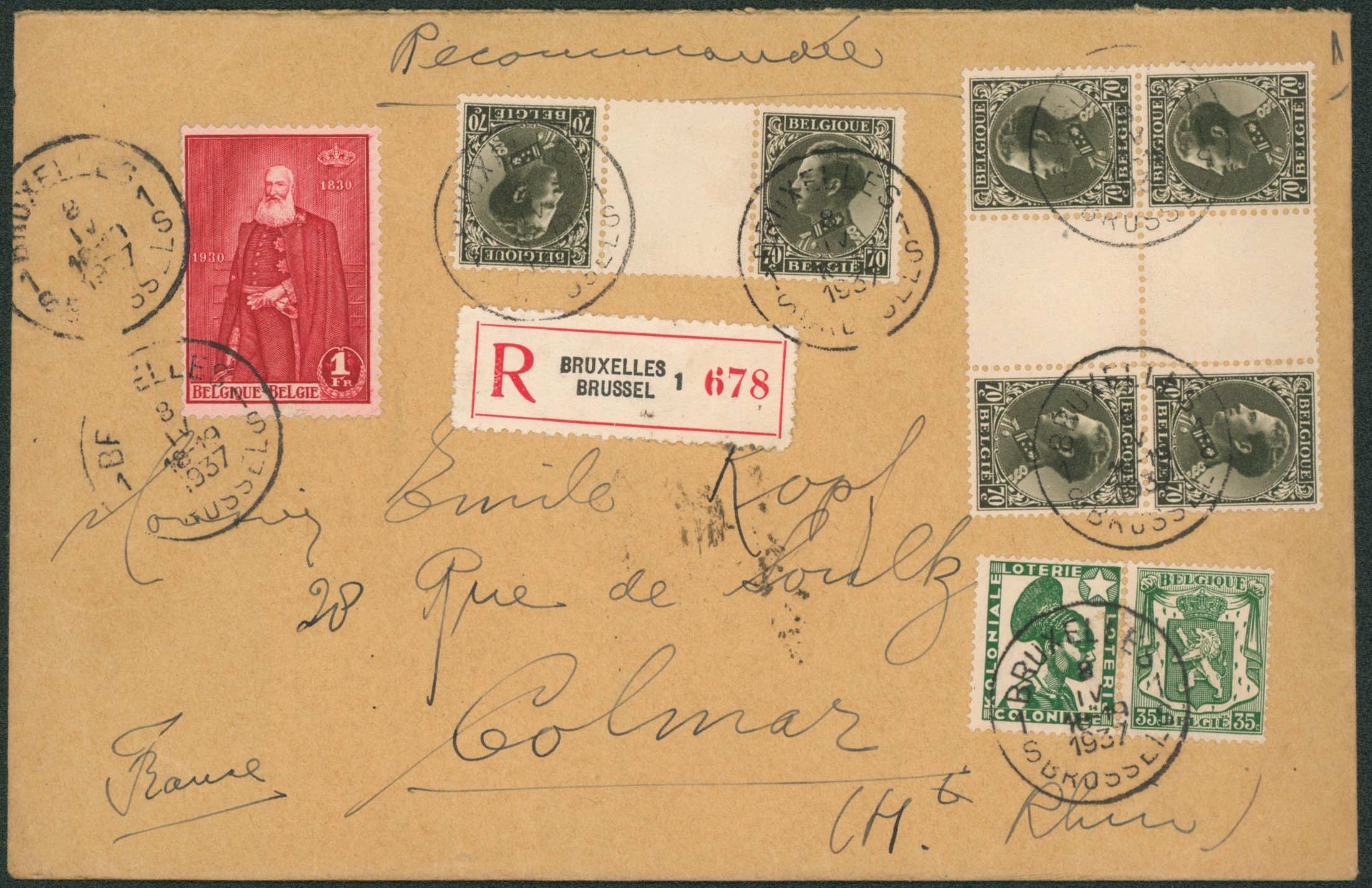n°303, KT16 x3 et PU85 sur lettre en recommandé de Bruxelles > Colmar