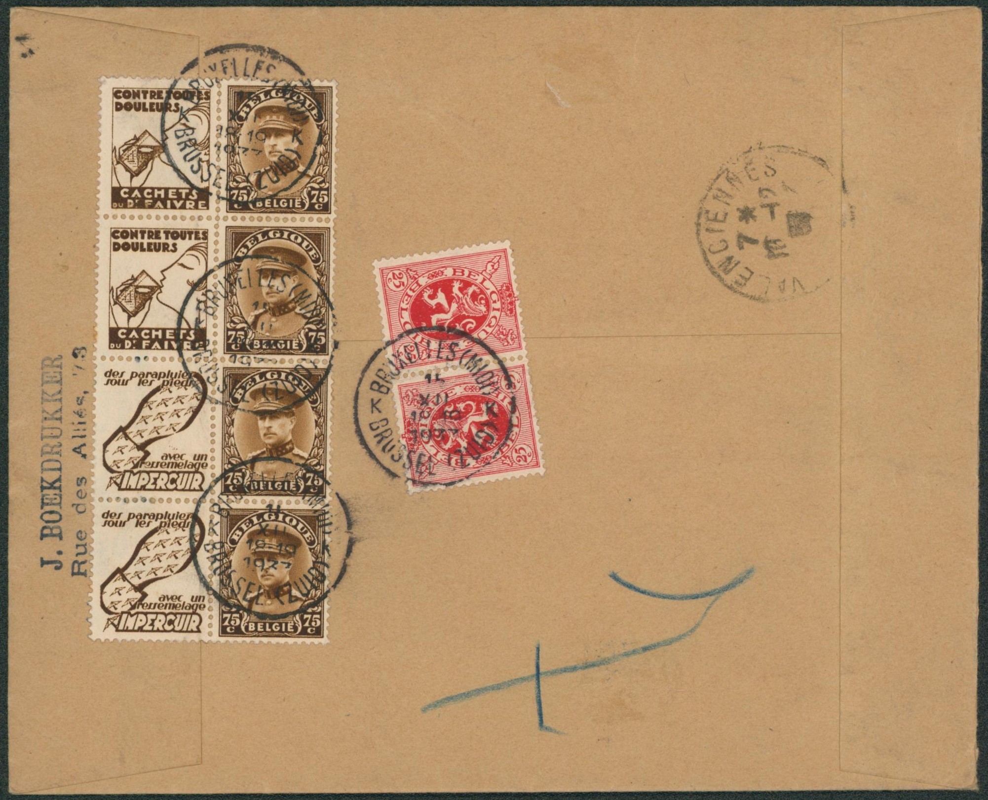 KP5 et PU69 + PU71 morceau de feuille (doublé)sur lettre de Bruxelles > Valenciennes (France)