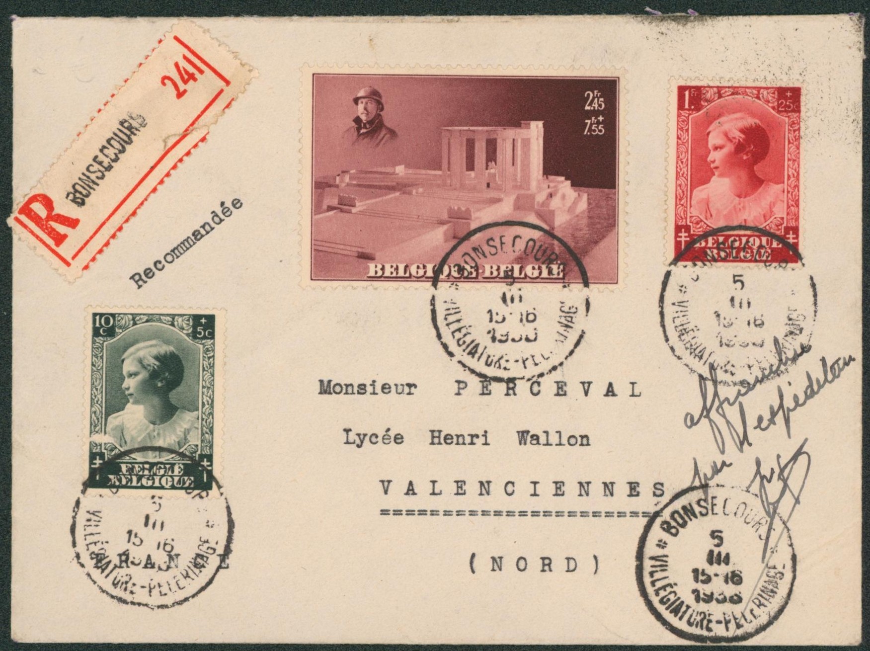 n°458, 463 et 465A sur lettre en recommandé de Bonsecours > Valenciennes (France)