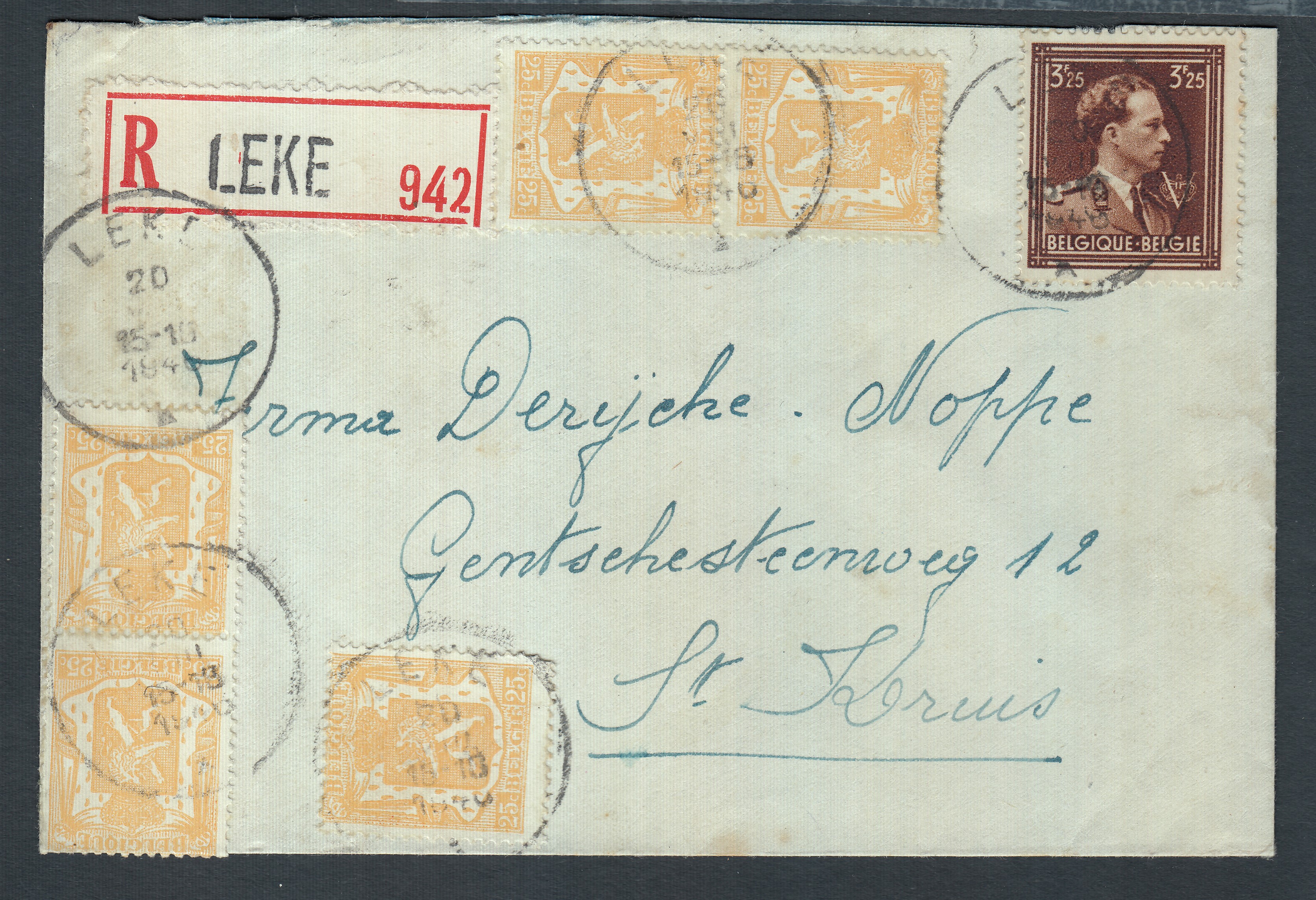 645 +710x5 sur lettre en recommandé de Leke le 20.VIII.1946 vers St-Kruis.