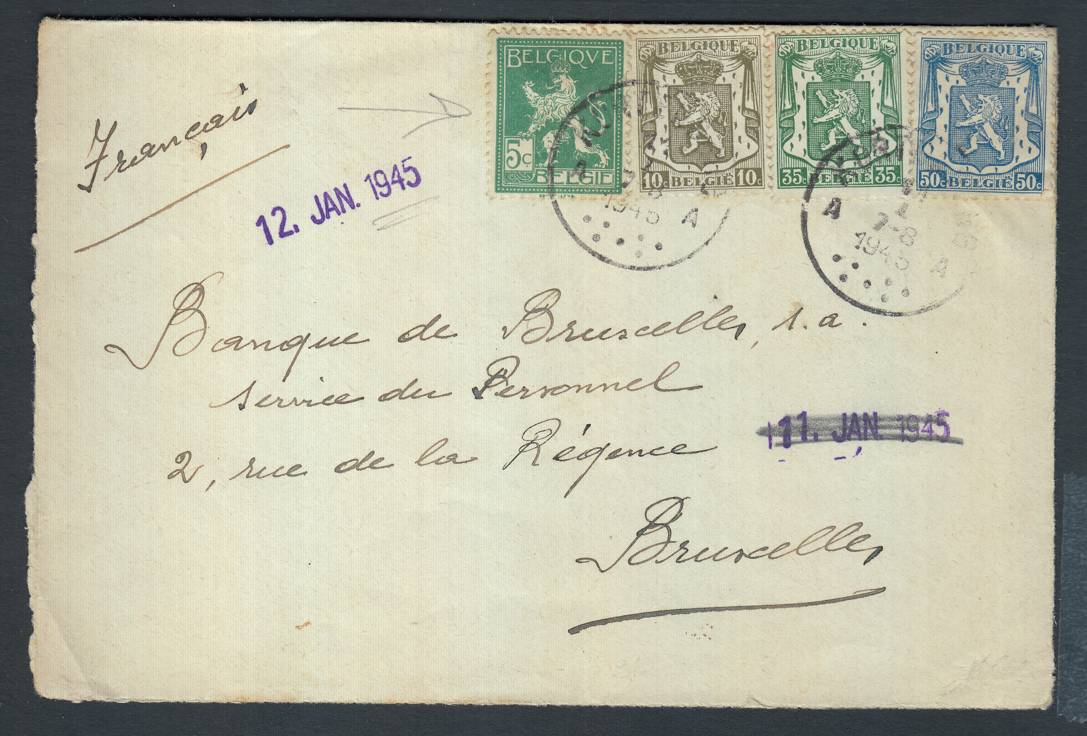 110 (hors cours) +420 +425/6 sur lettre de Kortenberg le 12 janvier 1945 vers BXL.