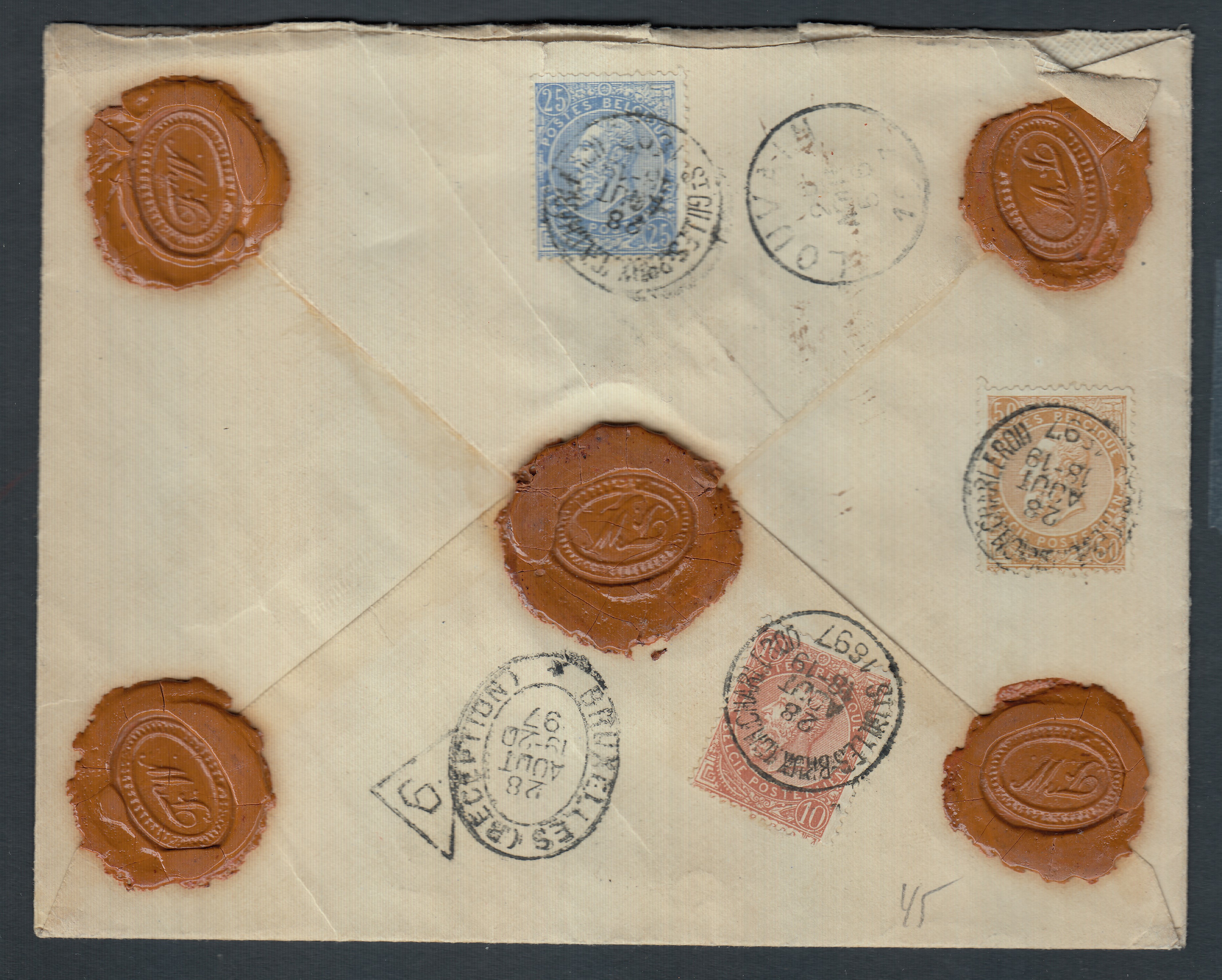 57 +60 +62 au verso de la lettre en valeur assurée ( 3000Frs) de St-Gilles-Brux.( Ch.Charleroi) le 28 août 1897 vers Louvain. Càd au verso.