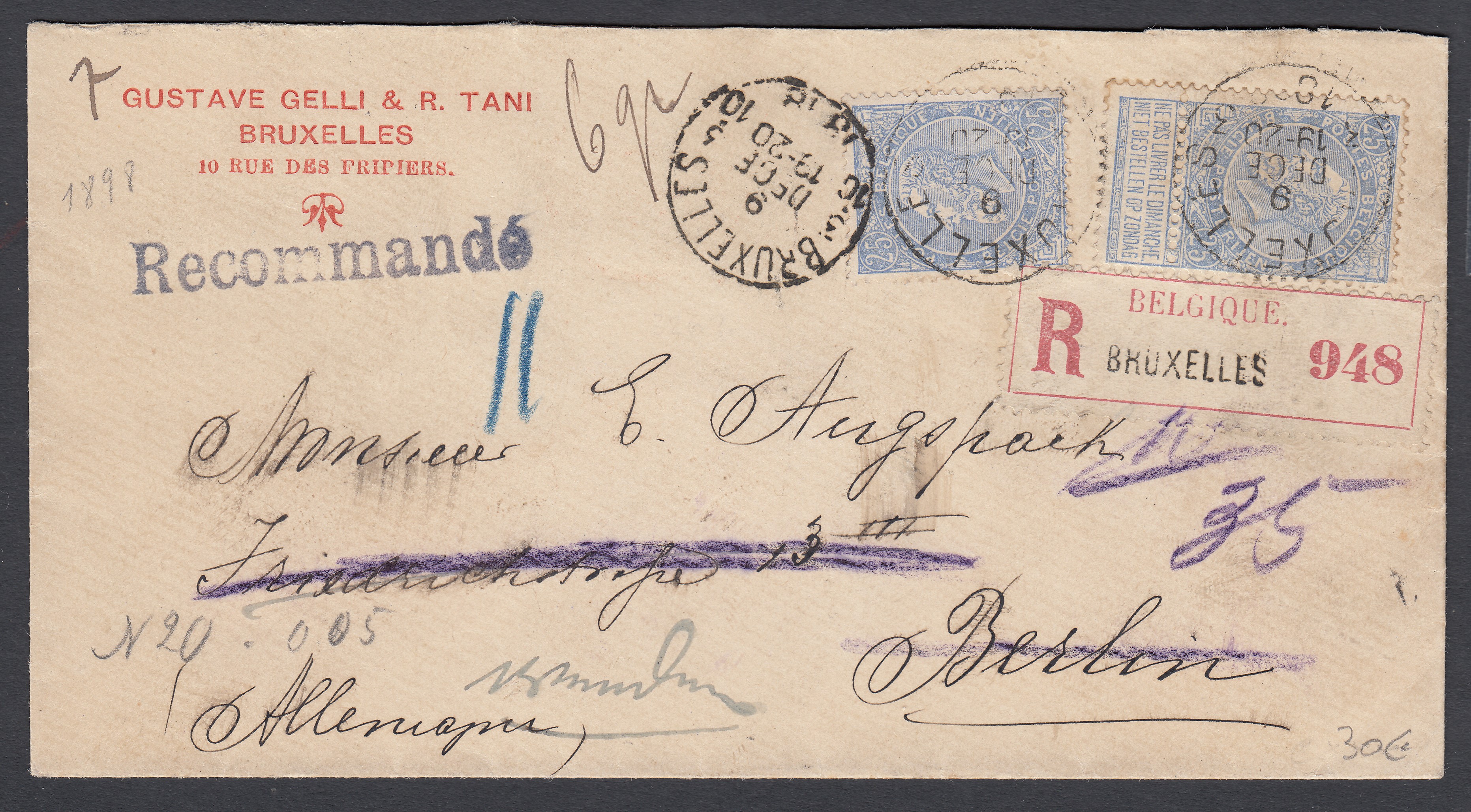 60x2 sur lettre en recommandé de BXL le 9 déc.1908 vers Berlin. Càd au verso.