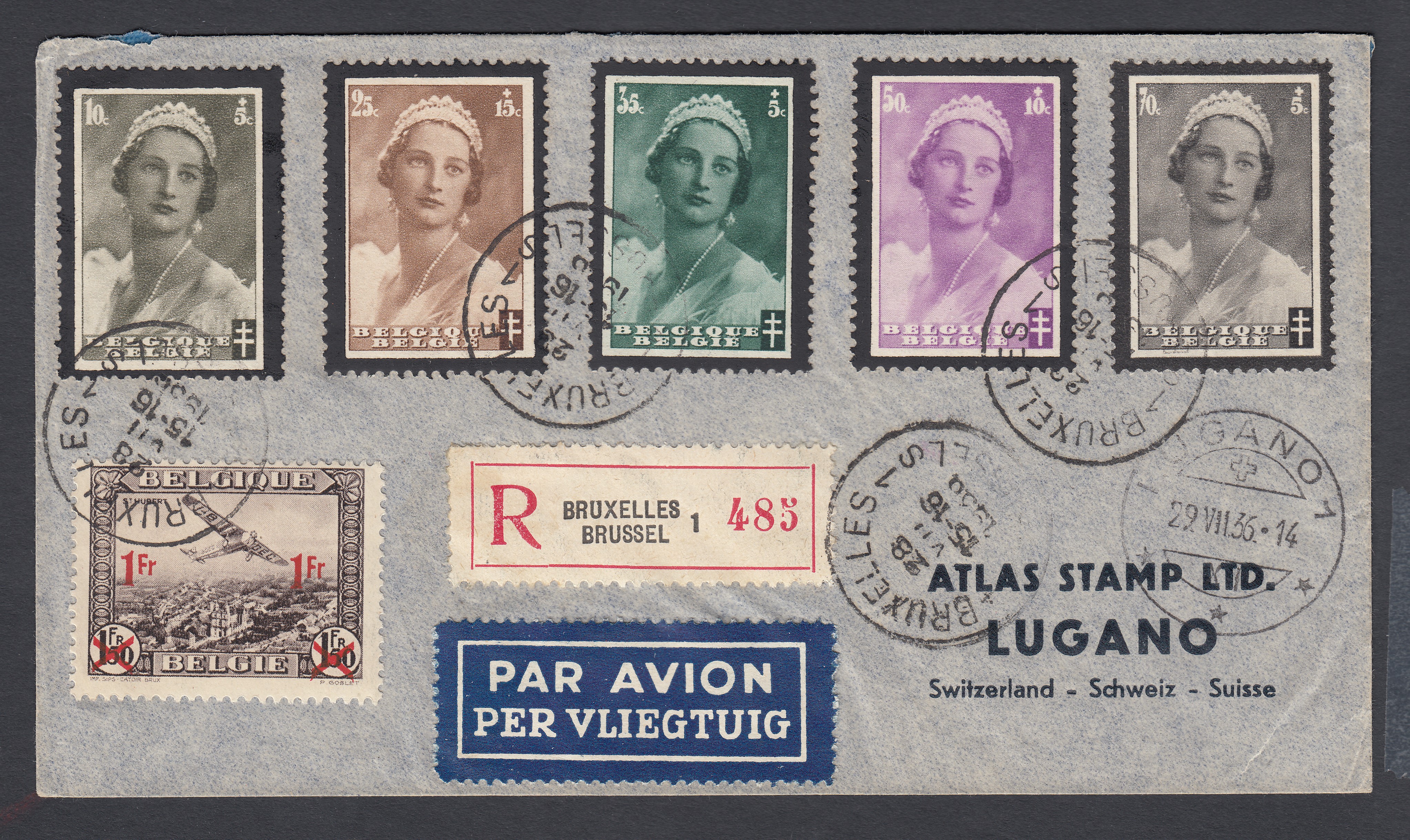 411/15 +Pa6 sur lettre illustrée au verso ( Photo aérienne), par avion recommandé de BXL le 28.VII.1936 vers Lugano, Suisse.