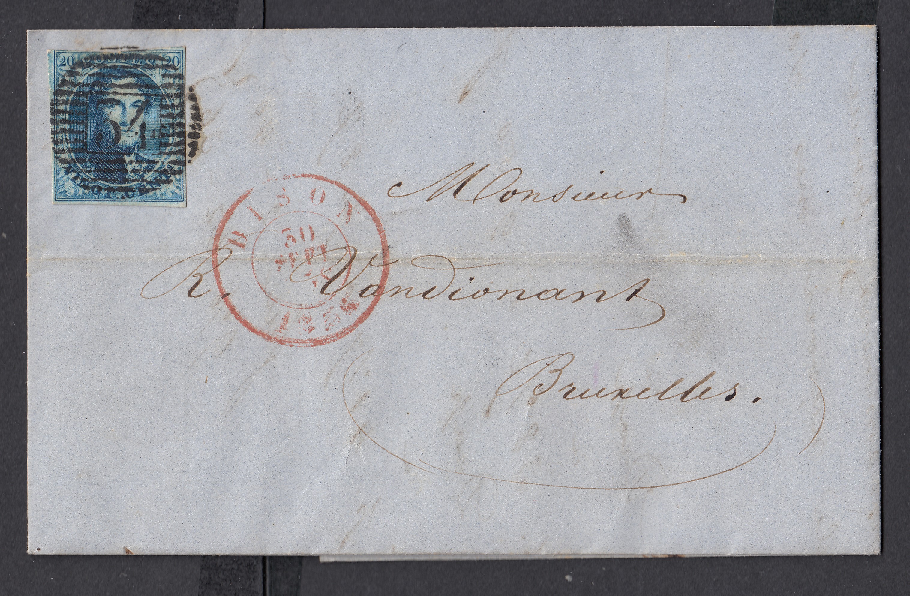 7 au filet sur LAC de Dison ( P34) le 30 sept 1856 vers BXL. Càd au verso.